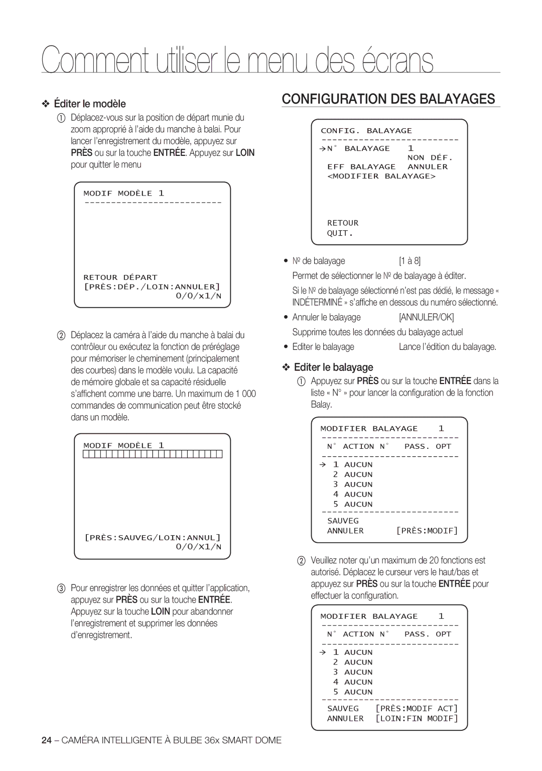 Samsung SCC-C7478P manual Configuration DES Balayages, Éditer le modèle, Editer le balayage 