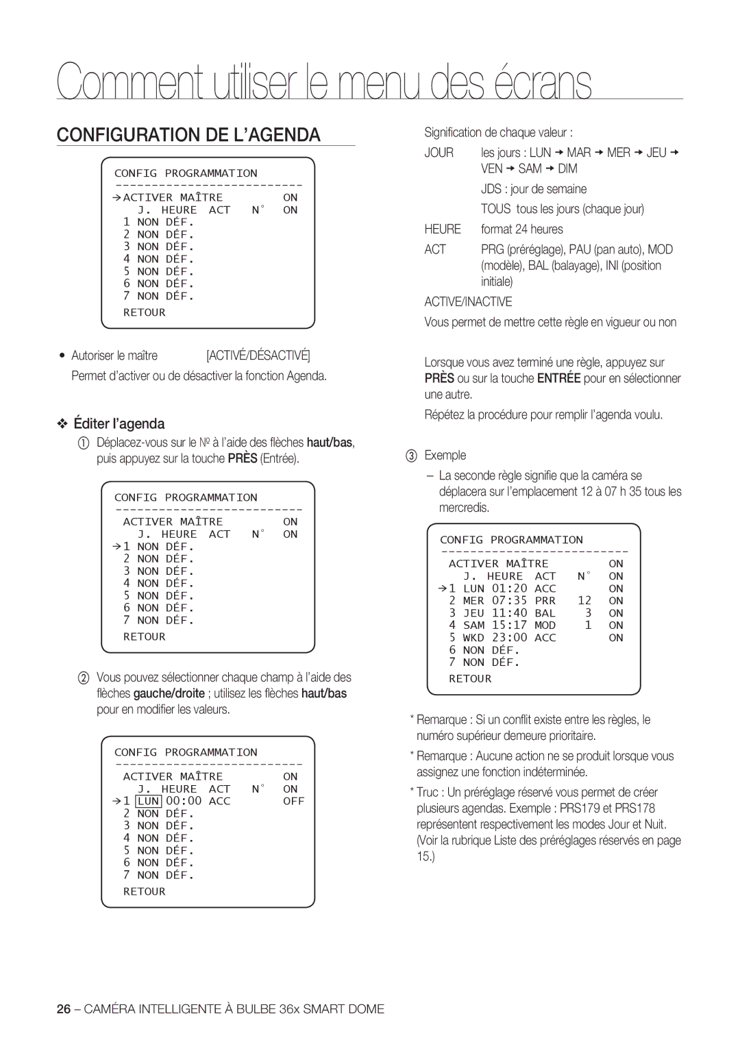 Samsung SCC-C7478P manual Configuration DE L’AGENDA, Éditer l’agenda 