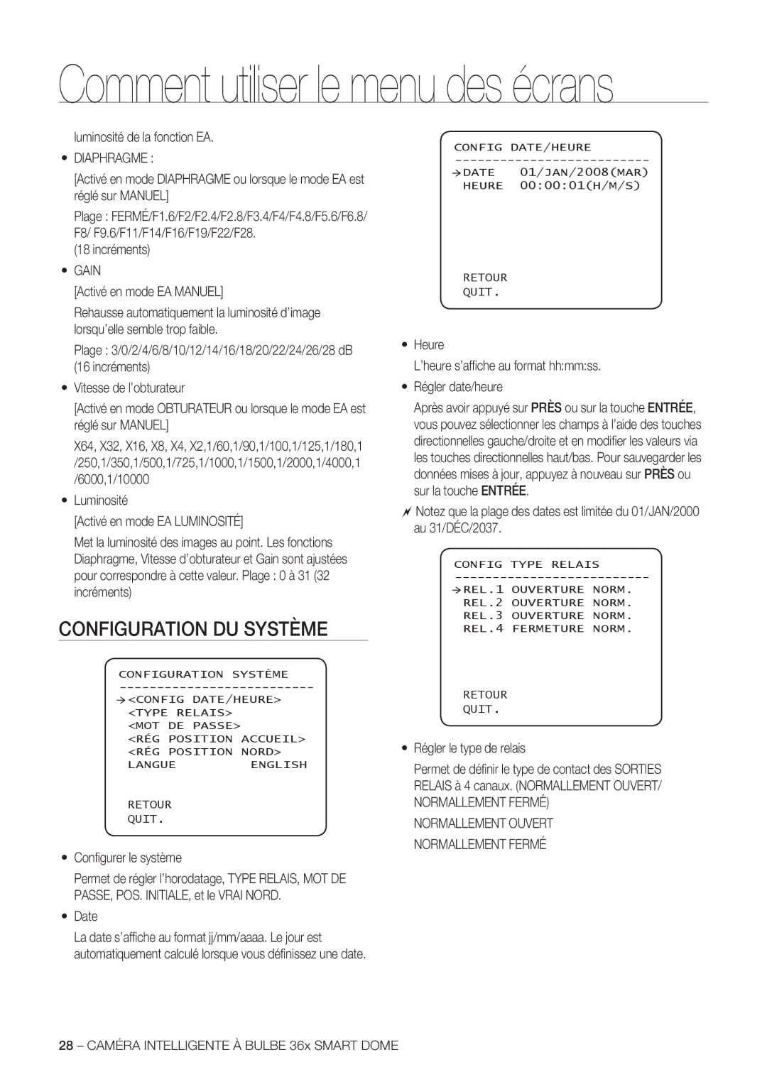 Samsung SCC-C7478P manual Configuration DU Système, Diaphragme 