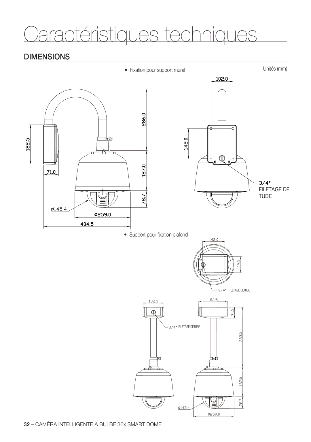 Samsung SCC-C7478P manual Dimensions, Fixation pour support mural, Filetage DE Tube, Support pour ﬁ xation plafond 