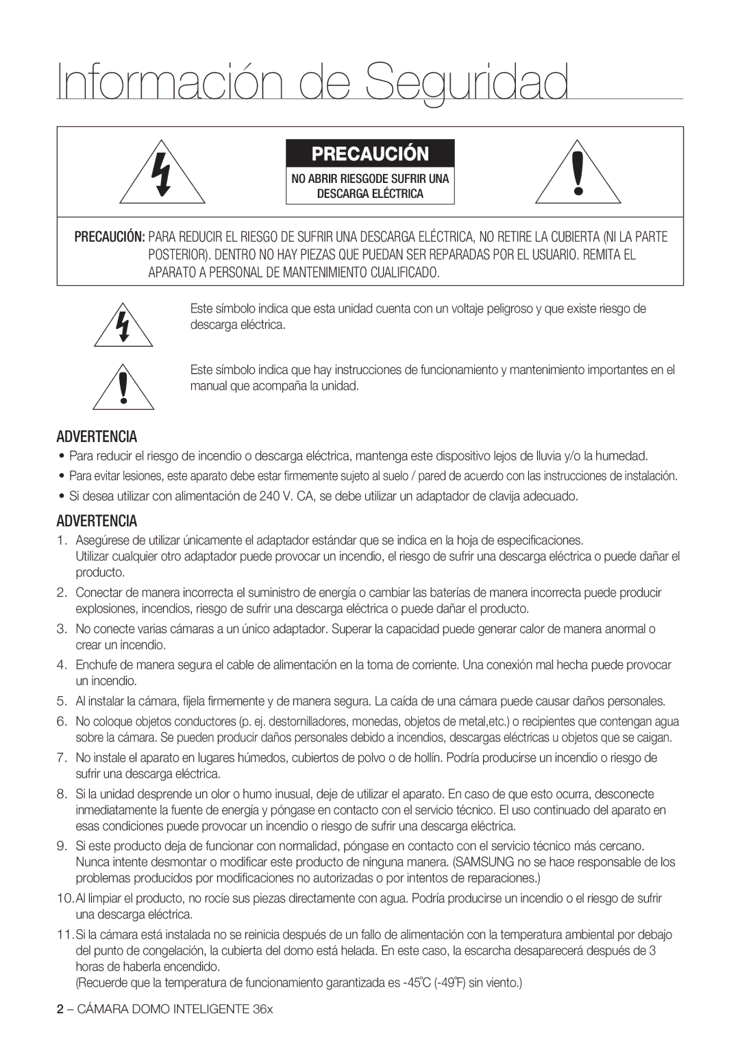 Samsung SCC-C7478P manual Información de Seguridad, Cámara Domo Inteligente 