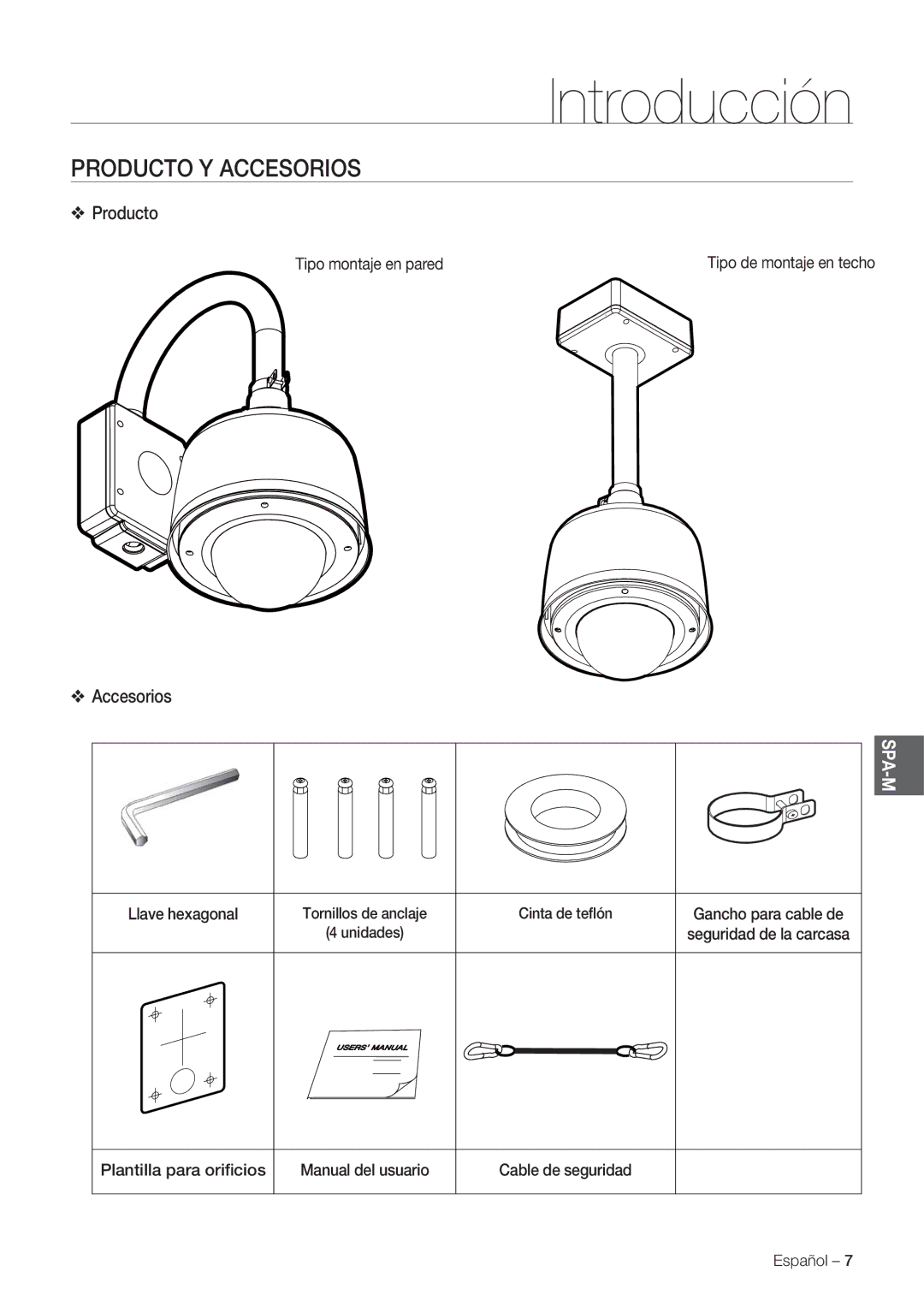 Samsung SCC-C7478P manual Producto Y Accesorios, Tipo montaje en pared, Llave hexagonal 