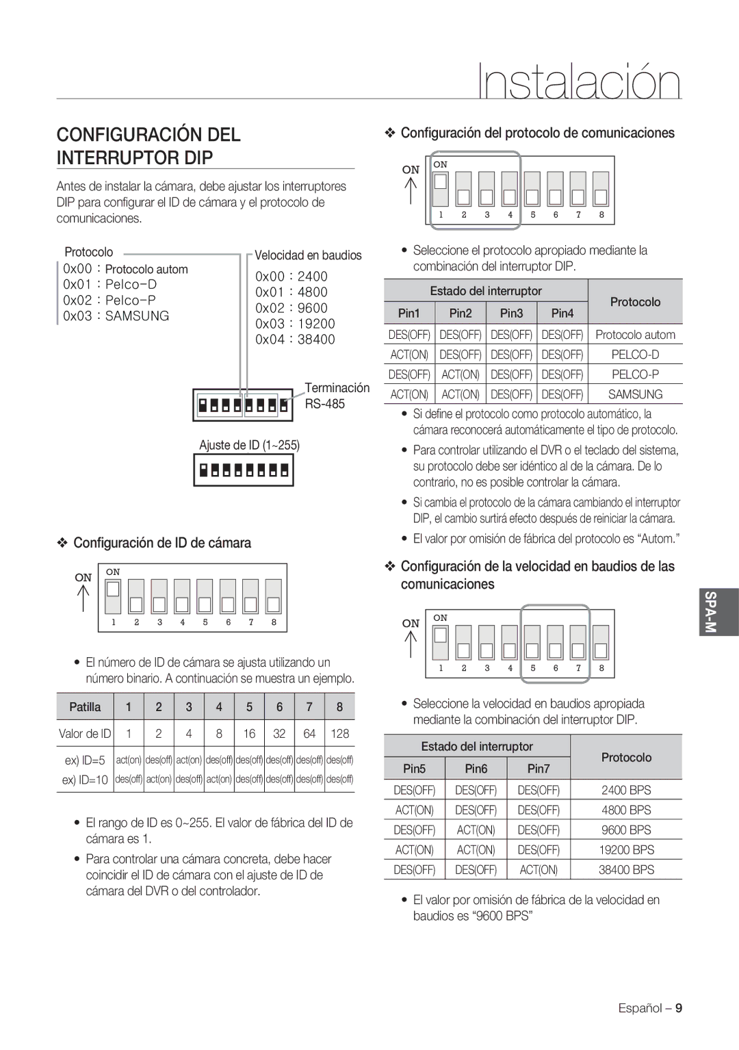 Samsung SCC-C7478P manual Instalación, Configuración DEL Interruptor DIP, Conﬁguración de ID de cámara 