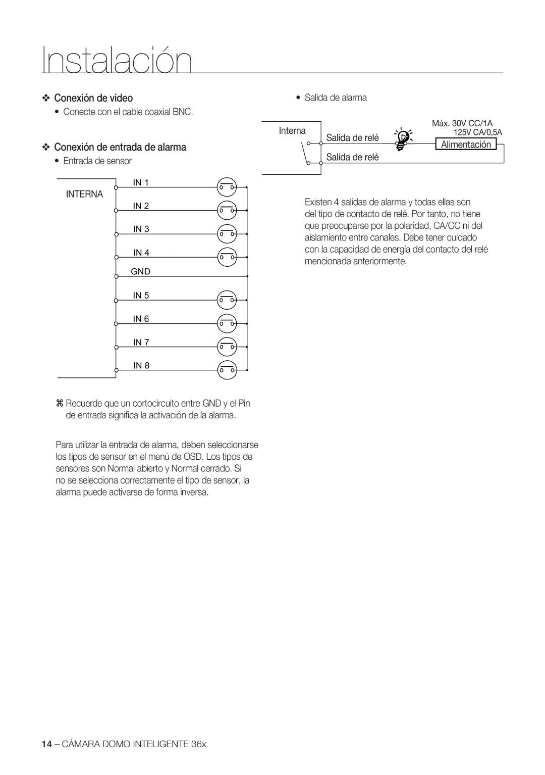 Samsung SCC-C7478P manual Conexión de video, Conexión de entrada de alarma 