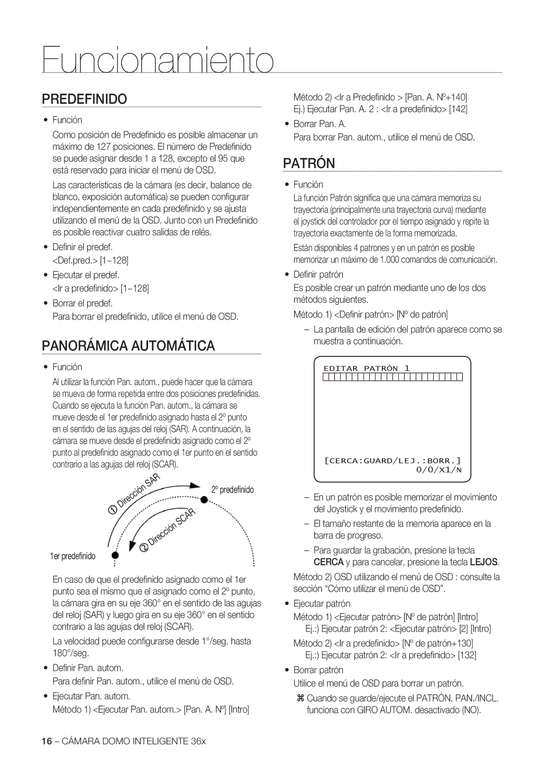 Samsung SCC-C7478P manual Predefinido, Panorámica Automática, Patrón 