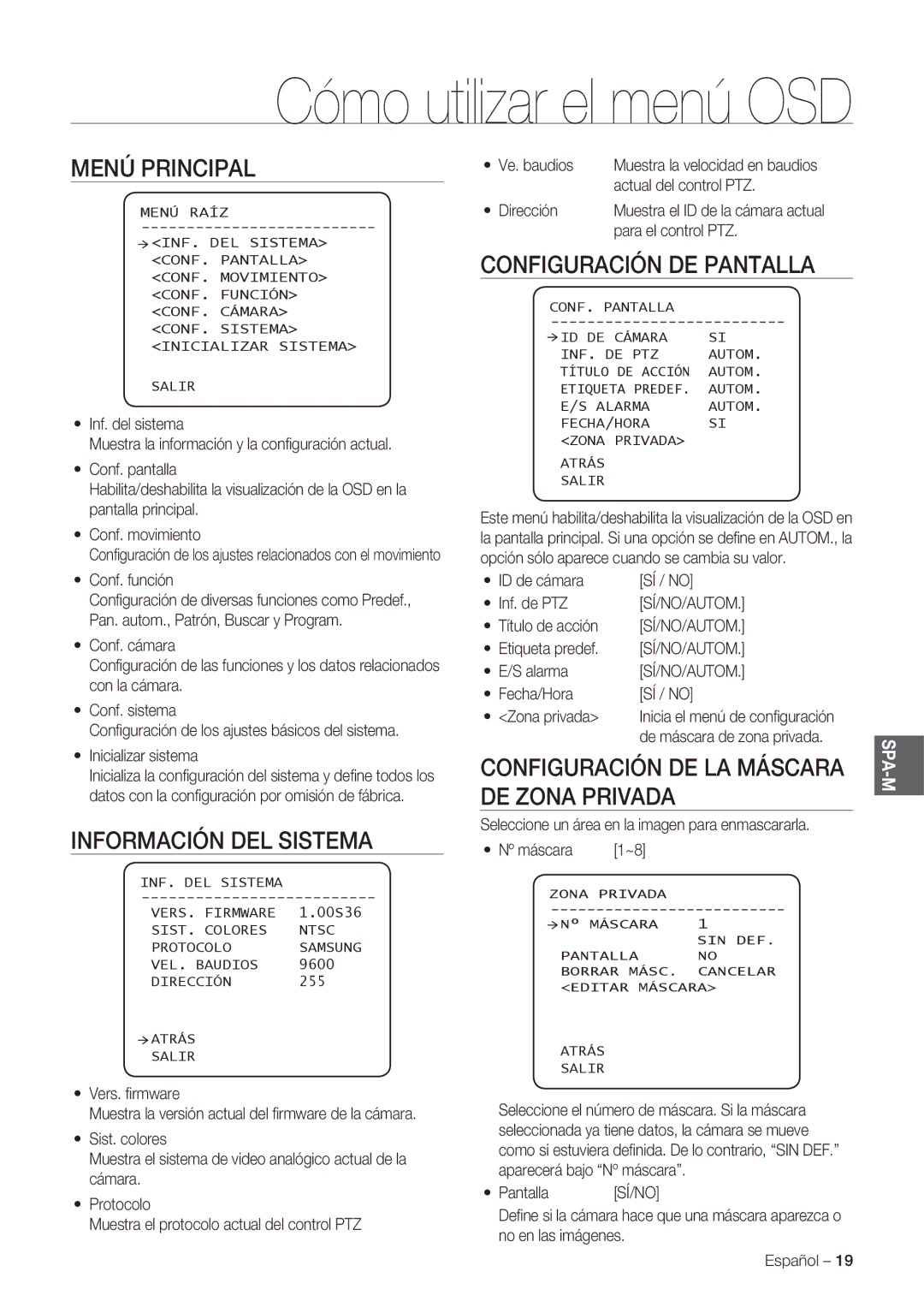 Samsung SCC-C7478P manual Menú Principal, Información DEL Sistema, Configuración DE Pantalla, Configuración DE LA Máscara 