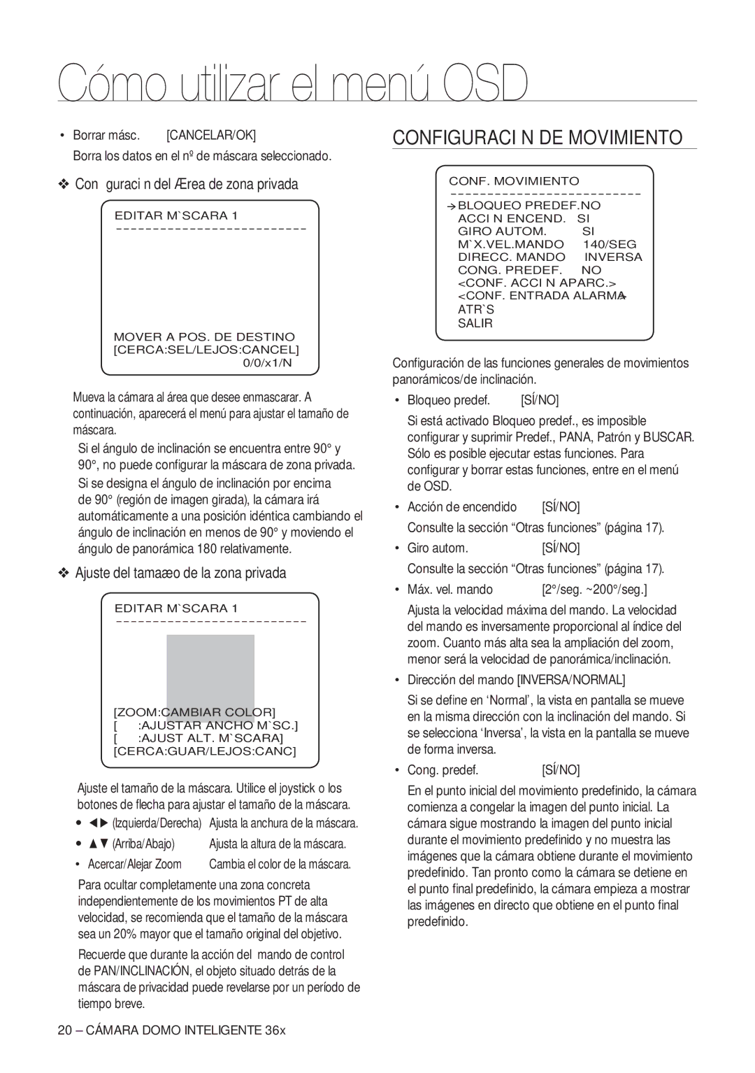 Samsung SCC-C7478P manual Cómo utilizar el menú OSD, Configuración DE Movimiento, Conﬁguración del área de zona privada 