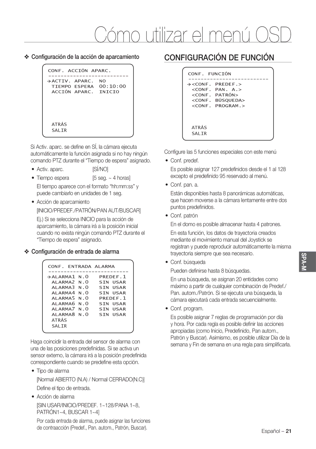 Samsung SCC-C7478P Configuración DE Función, Conﬁguración de la acción de aparcamiento, Conﬁguración de entrada de alarma 