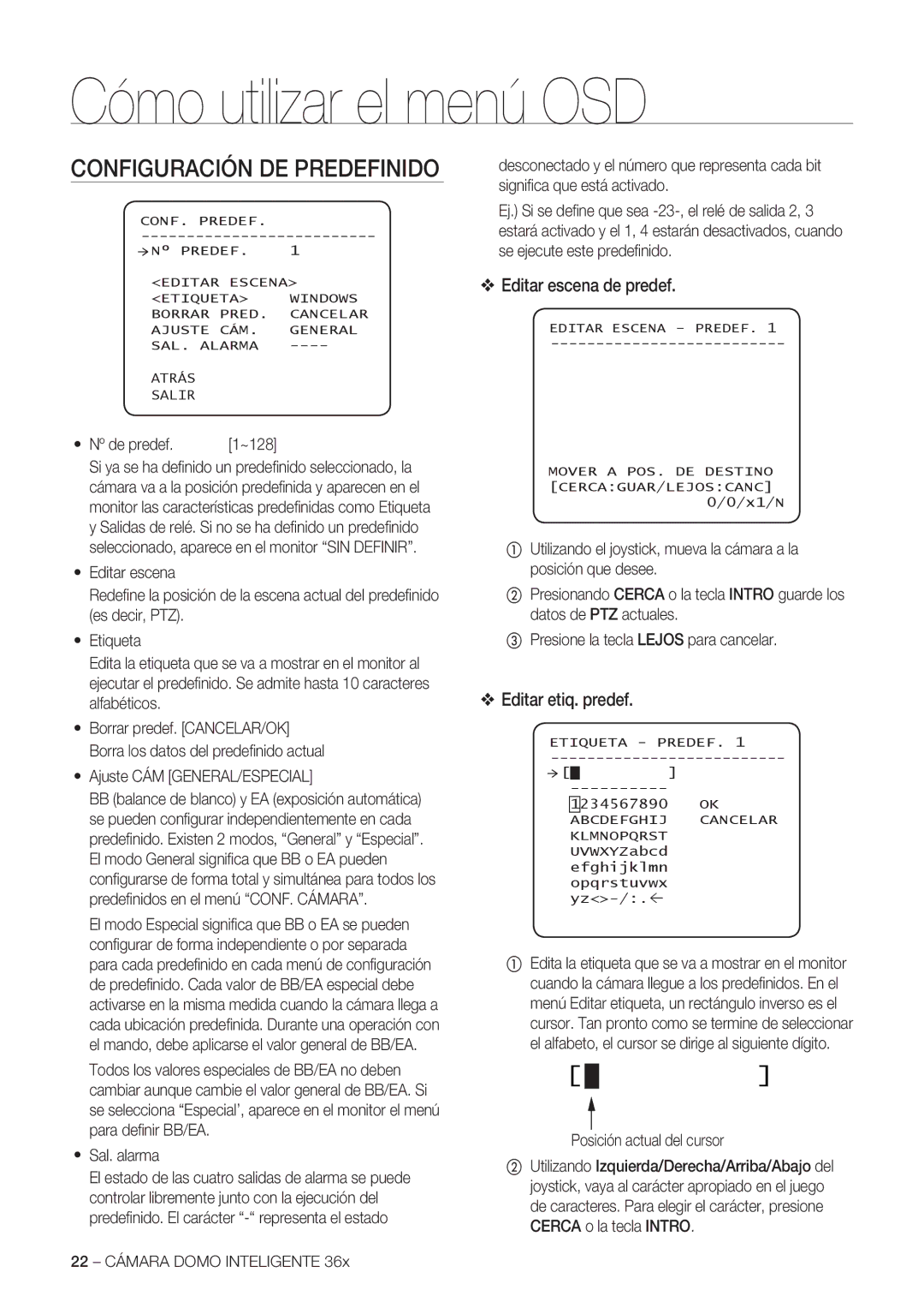 Samsung SCC-C7478P manual Configuración DE Predefinido, Editar escena de predef, Editar etiq. predef 