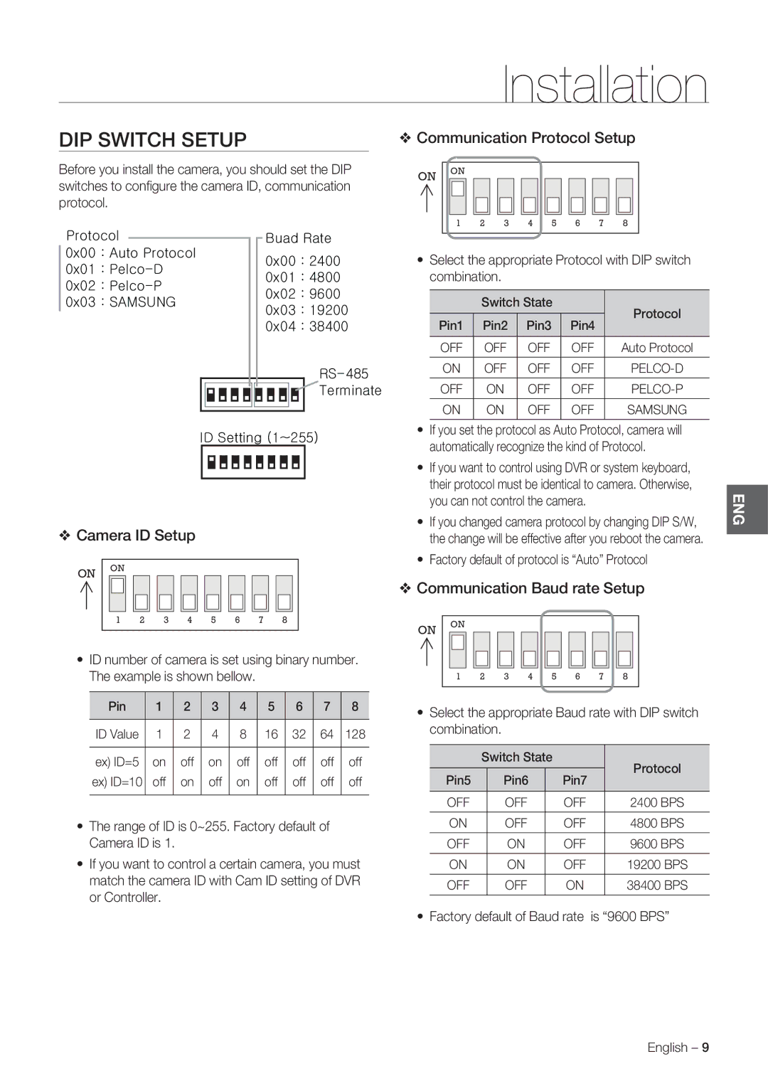 Samsung SCC-C7478P manual Installation, DIP Switch Setup, Communication Protocol Setup, Camera ID Setup 