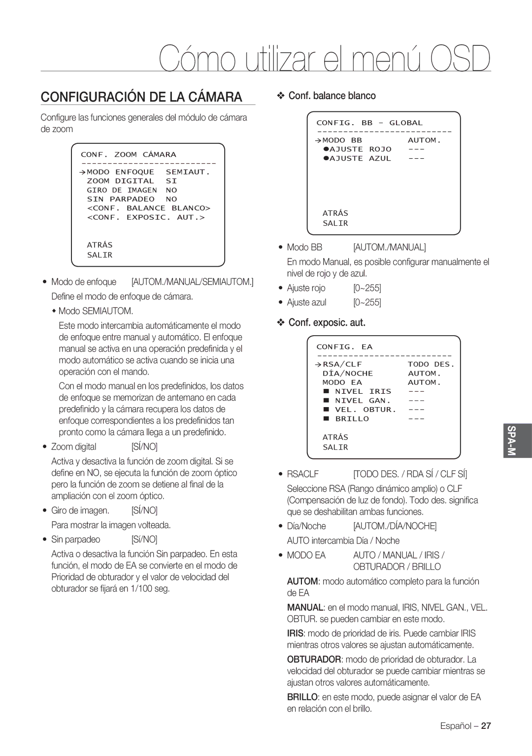 Samsung SCC-C7478P manual Configuración DE LA Cámara, Conf. balance blanco, Conf. exposic. aut, Rsaclf, Modo EA 