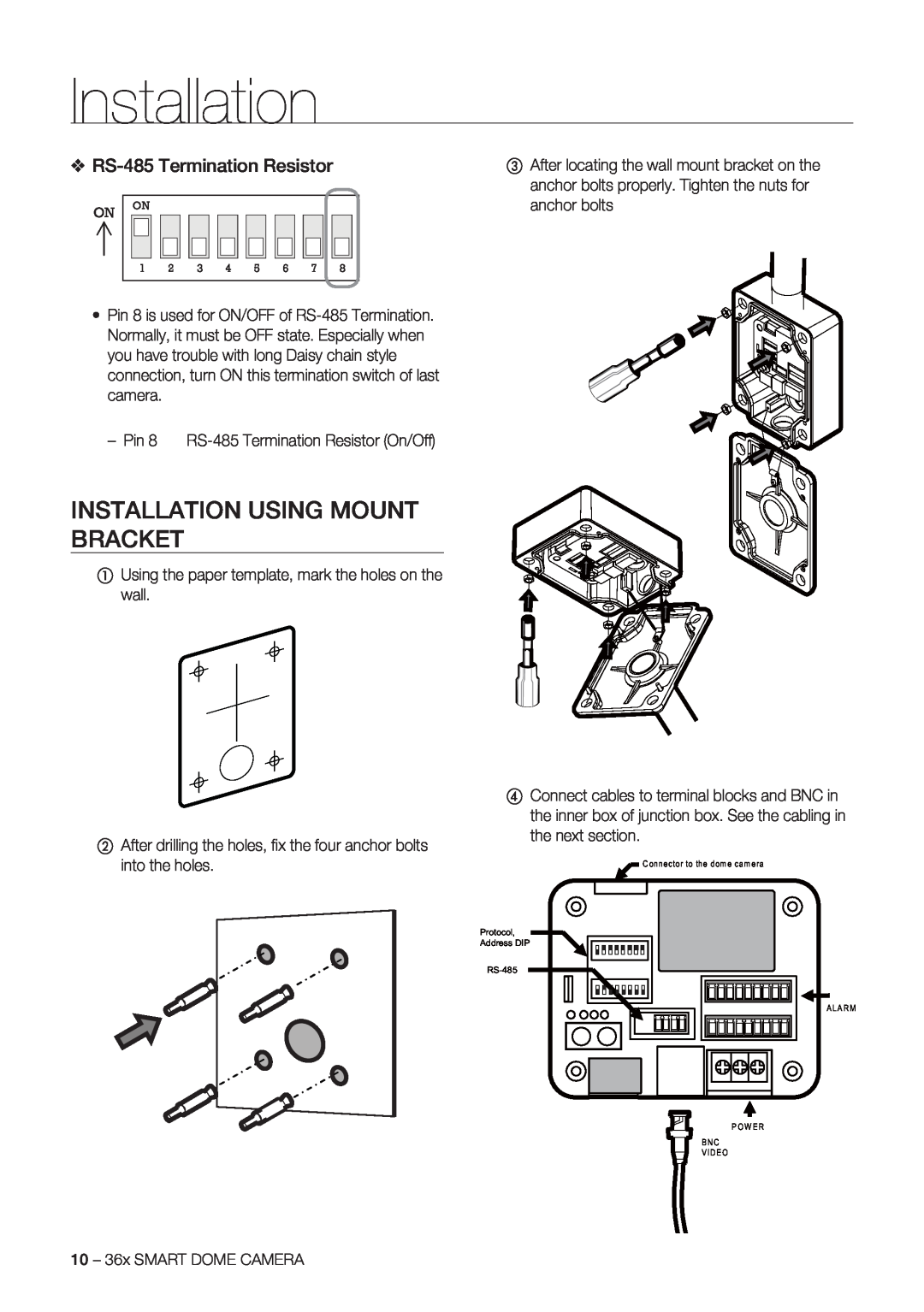 Samsung SCC-C7478P manual Installation Using Mount Bracket, RS-485 Termination Resistor 