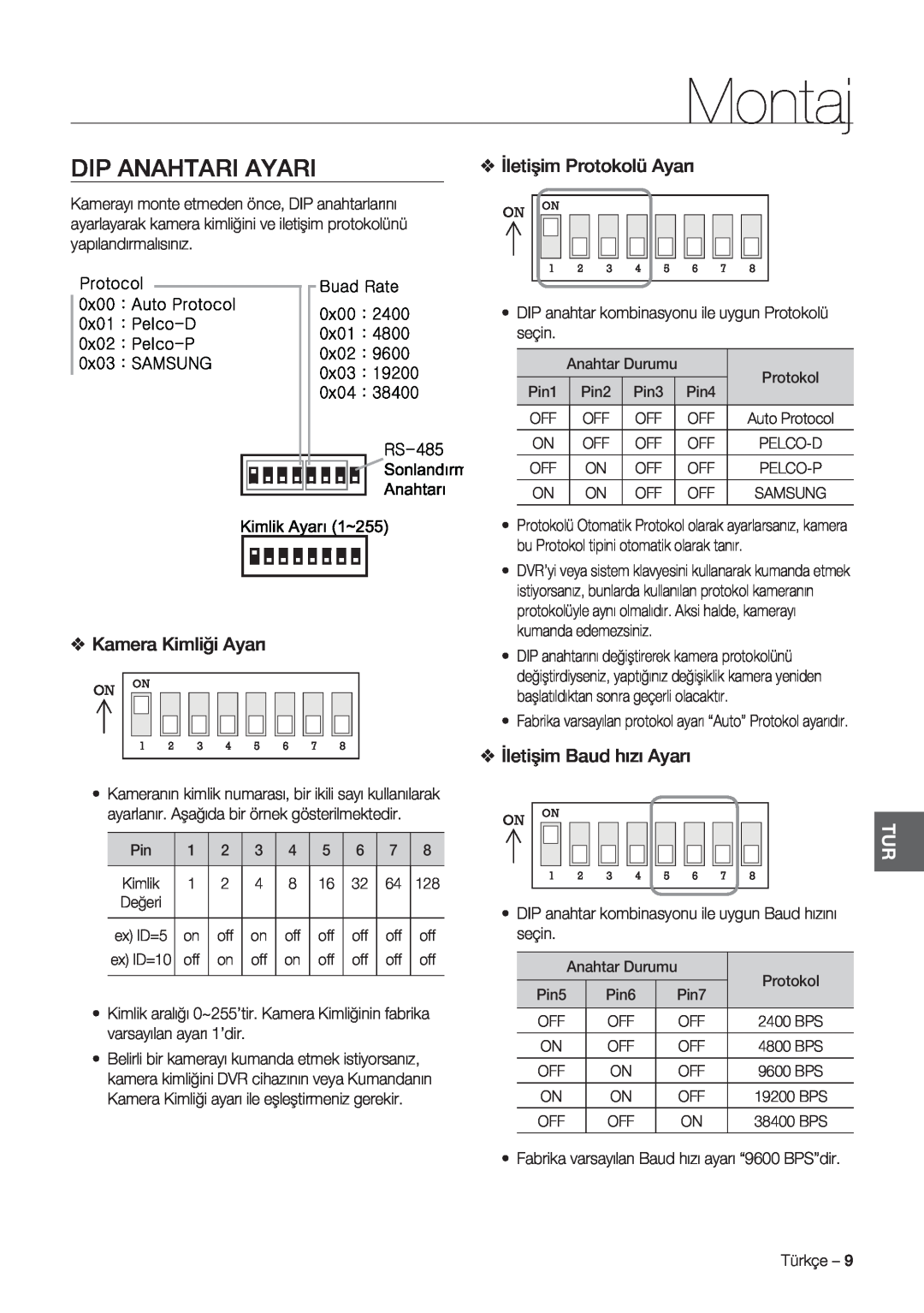 Samsung SCC-C7478P manual Montaj, Dip Anahtari Ayari, İletişim Protokolü Ayarı, Kamera Kimliği Ayarı 