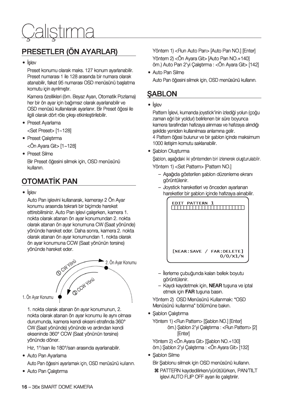 Samsung SCC-C7478P manual Presetler Ön Ayarlar, Otomatik Pan, Şablon, Çalıştırma 