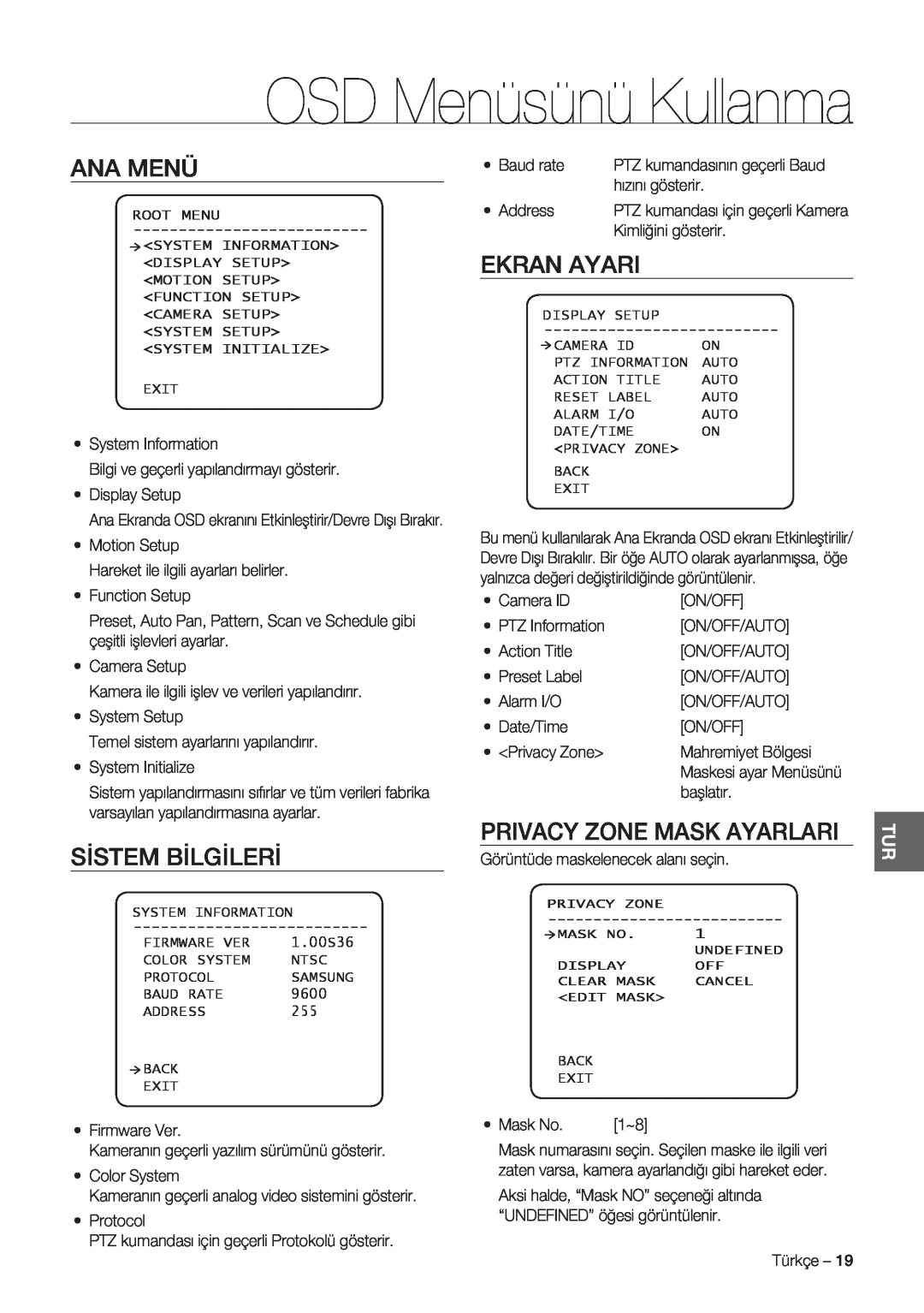 Samsung SCC-C7478P manual OSD Menüsünü Kullanma, Ana Menü, Sistem Bilgileri, Ekran Ayari, Privacy Zone Mask Ayarlari 