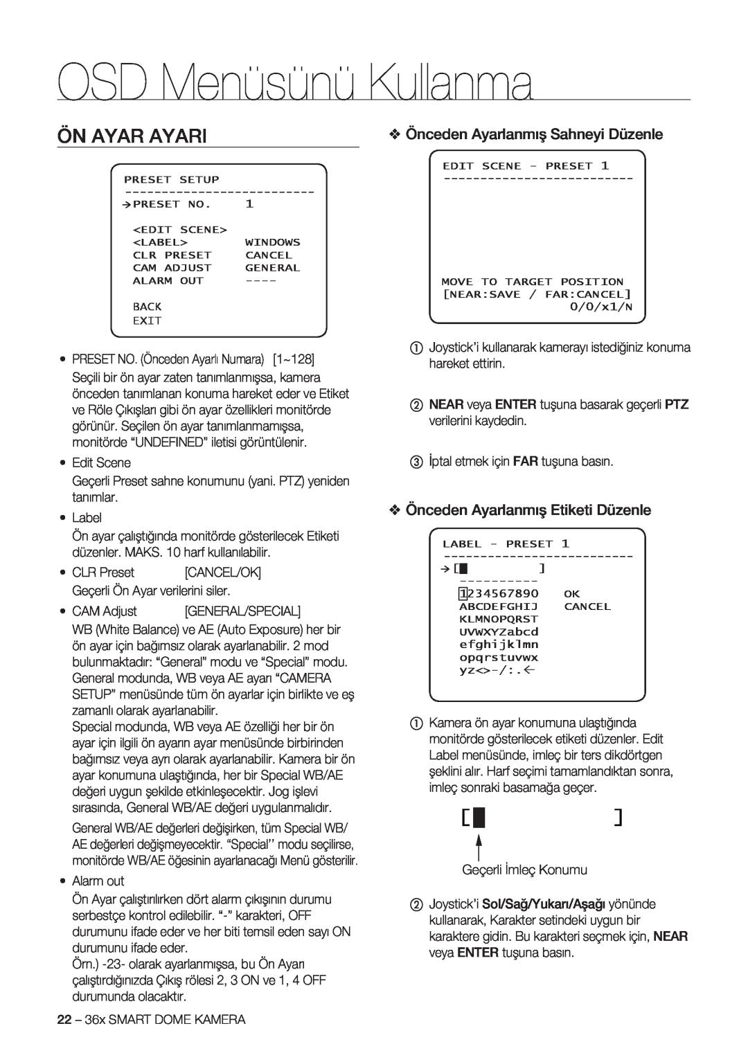Samsung SCC-C7478P manual Ön Ayar Ayari, Önceden Ayarlanmış Sahneyi Düzenle, Önceden Ayarlanmış Etiketi Düzenle 