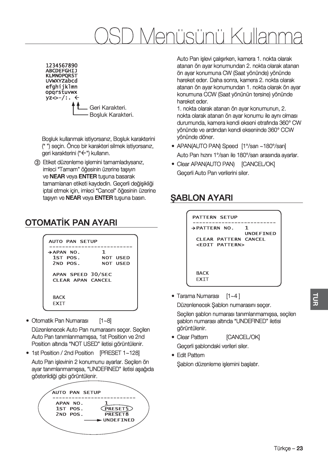 Samsung SCC-C7478P manual Otomatik Pan Ayari, Şablon Ayari, OSD Menüsünü Kullanma 
