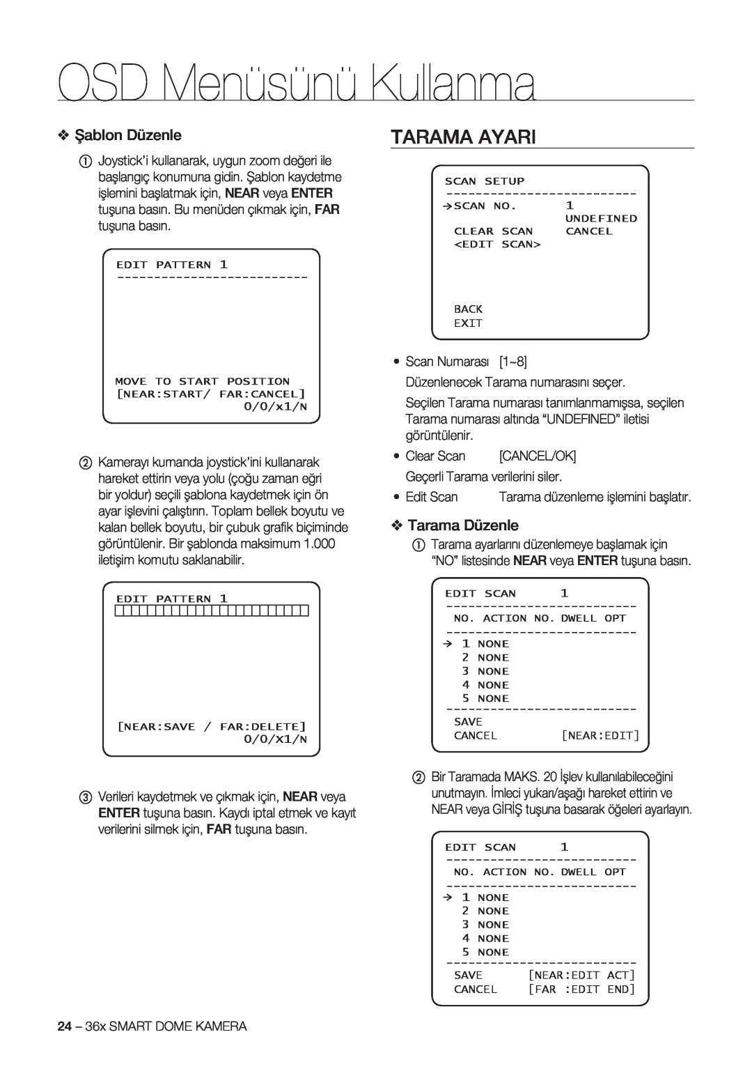 Samsung SCC-C7478P manual Tarama Ayari, Şablon Düzenle, Tarama Düzenle, OSD Menüsünü Kullanma 