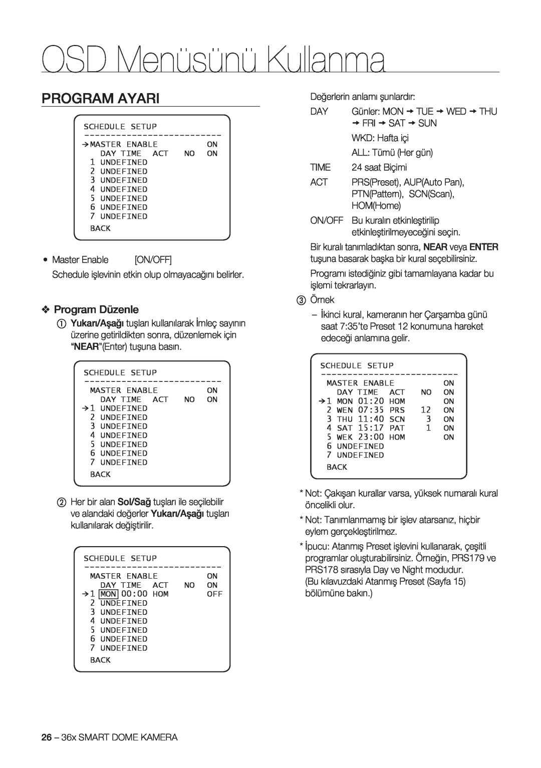 Samsung SCC-C7478P manual Program Ayari, Program Düzenle, OSD Menüsünü Kullanma 