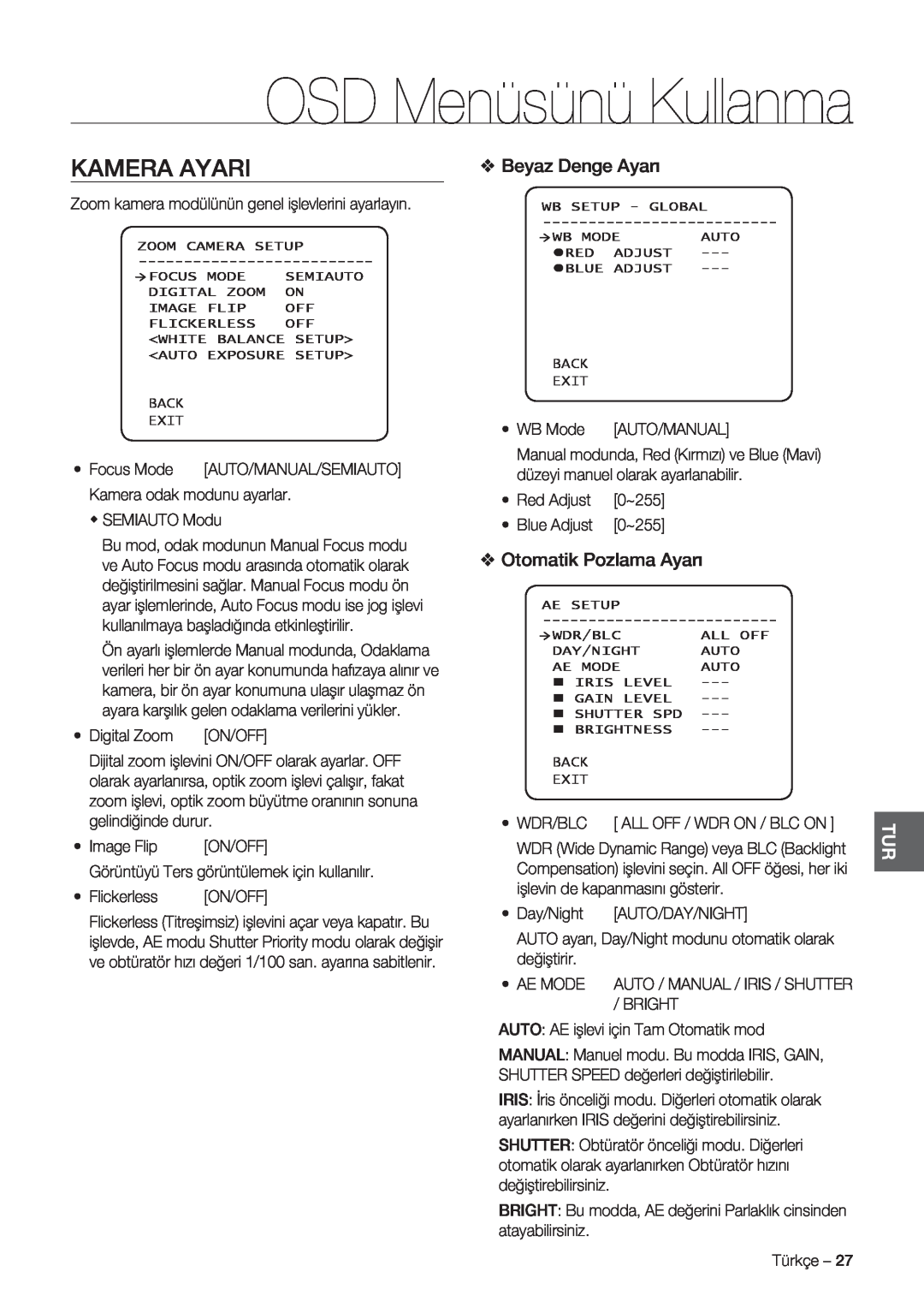 Samsung SCC-C7478P manual Kamera Ayari, Beyaz Denge Ayarı, Otomatik Pozlama Ayarı, OSD Menüsünü Kullanma 