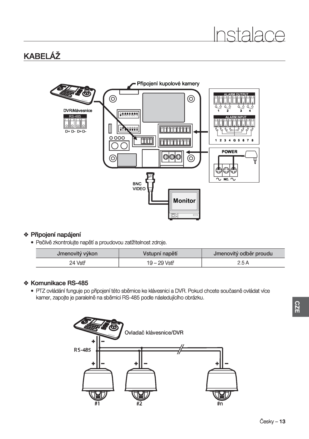 Samsung SCC-C7478P manual Kabeláž, Připojení napájení, Komunikace RS-485, Instalace, Monitor 