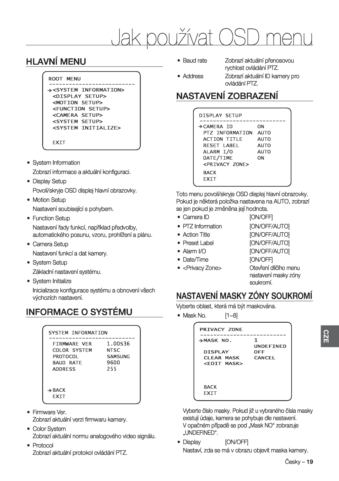 Samsung SCC-C7478P manual Jak používat OSD menu, Hlavní Menu, Informace O Systému, Nastavení Zobrazení 