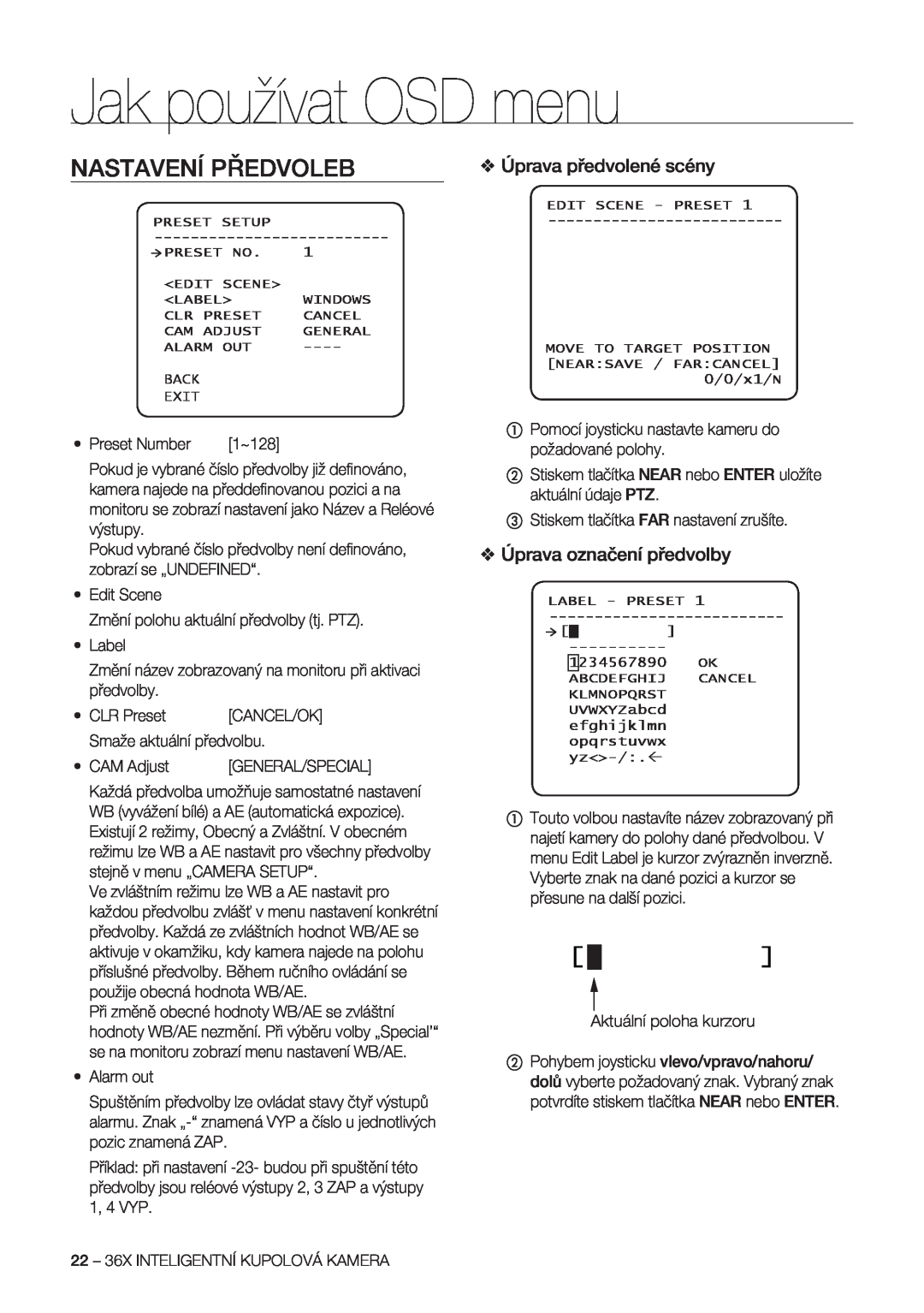 Samsung SCC-C7478P manual Nastavení Předvoleb, Úprava předvolené scény, Úprava označení předvolby, Jak používat OSD menu 