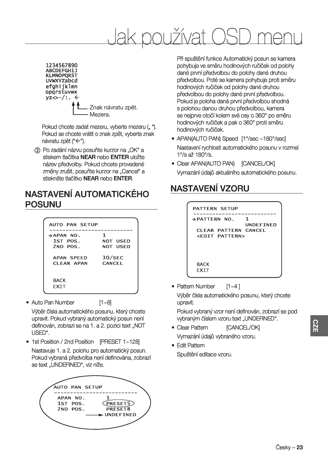 Samsung SCC-C7478P manual Nastavení Automatického Posunu, Nastavení Vzoru, Jak používat OSD menu 