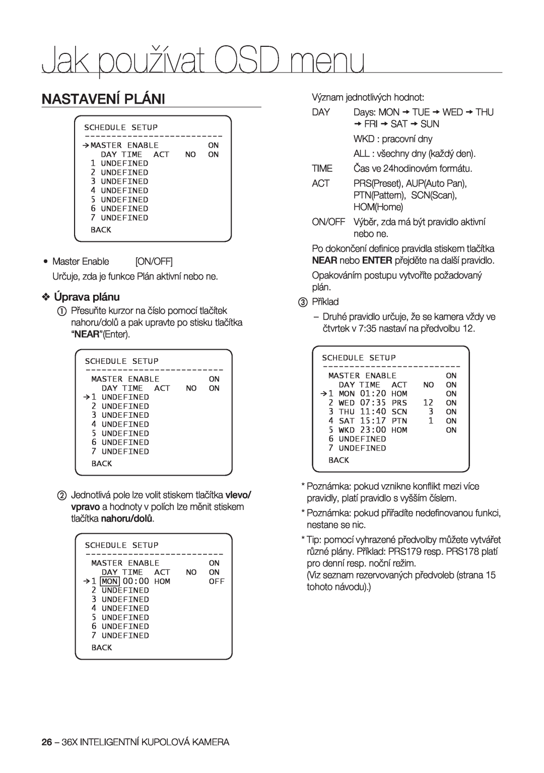 Samsung SCC-C7478P manual Nastavení Pláni, Úprava plánu, Jak používat OSD menu 