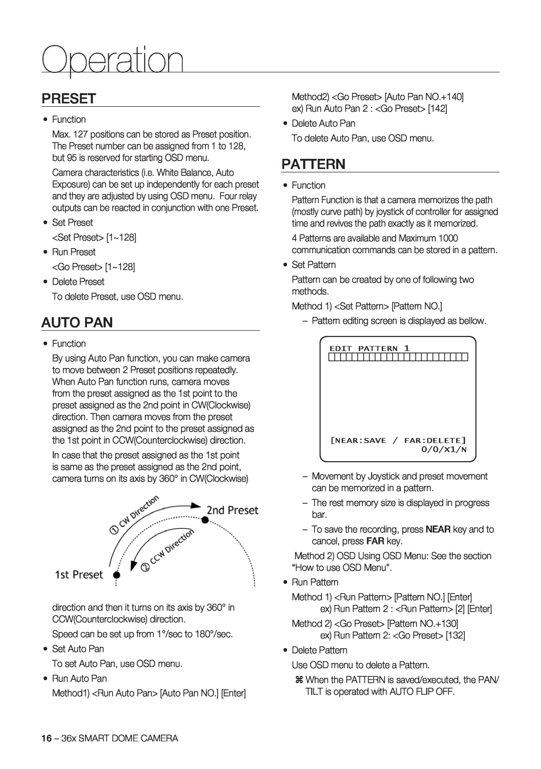 Samsung SCC-C7478P manual Preset, Auto Pan, Pattern, Operation 