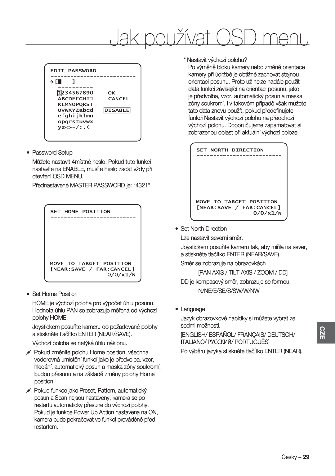 Samsung SCC-C7478P manual Jak používat OSD menu 