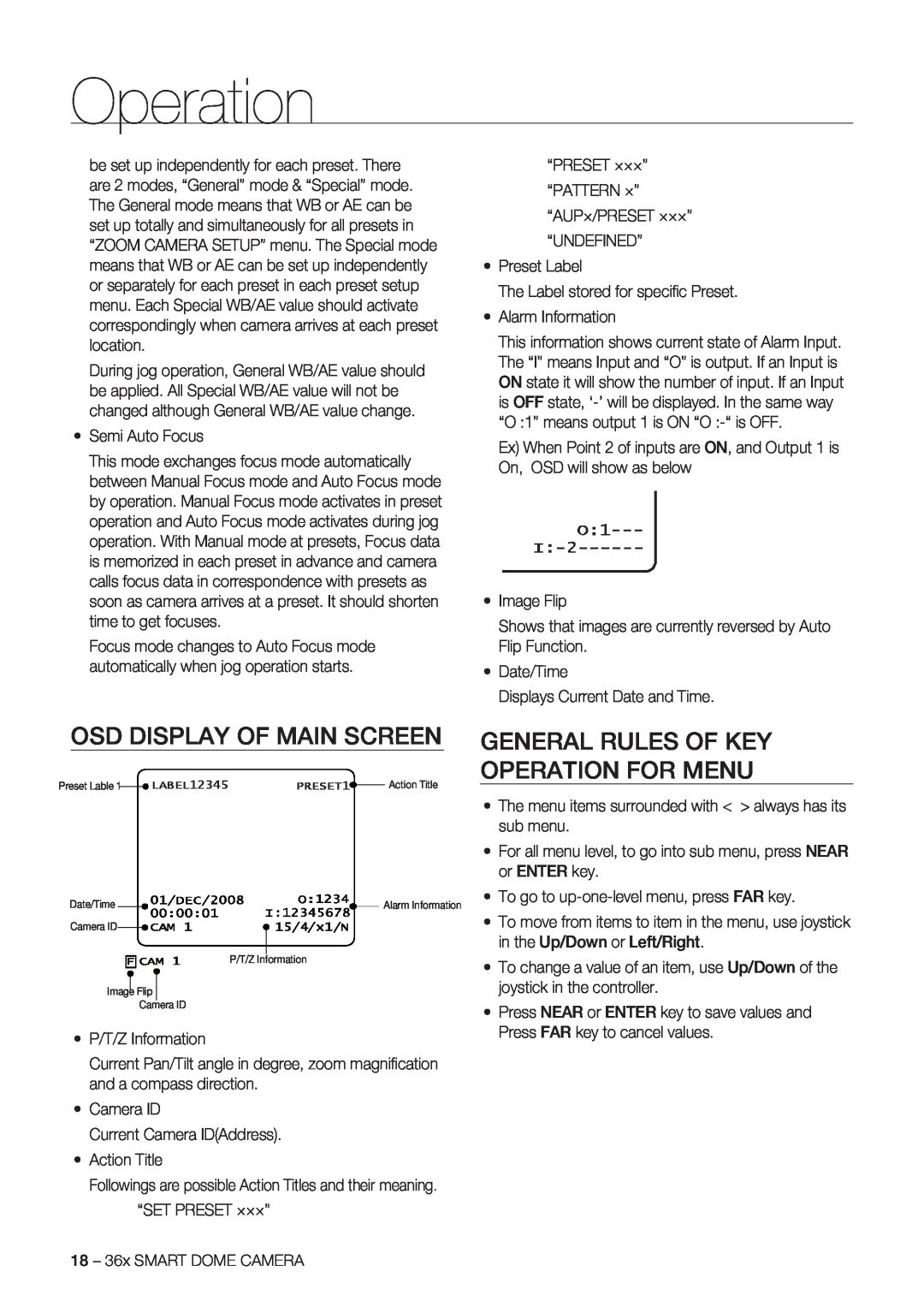 Samsung SCC-C7478P manual Osd Display Of Main Screen, General Rules Of Key Operation For Menu 