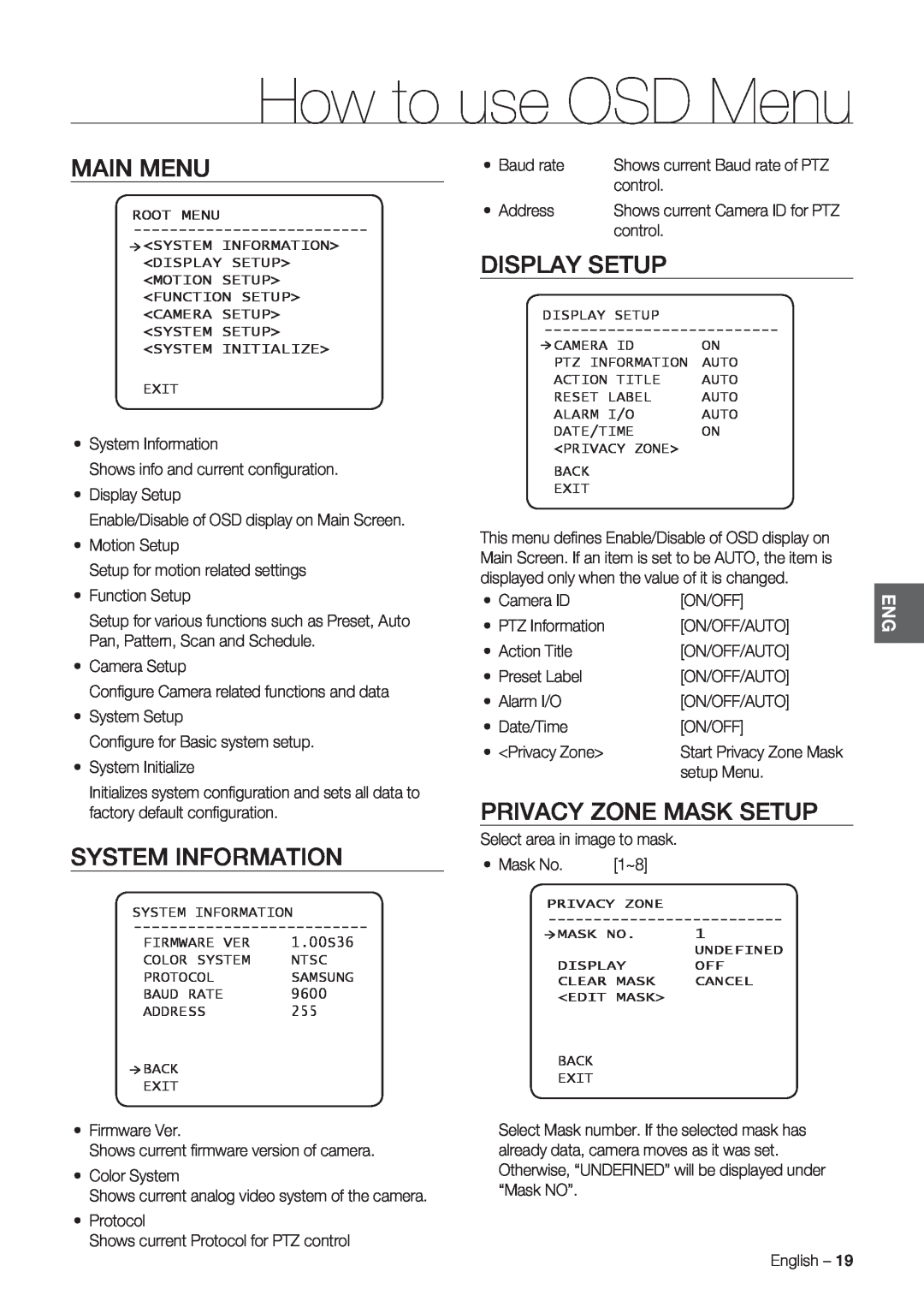 Samsung SCC-C7478P manual How to use OSD Menu, Main Menu, System Information, Display Setup, Privacy Zone Mask Setup 