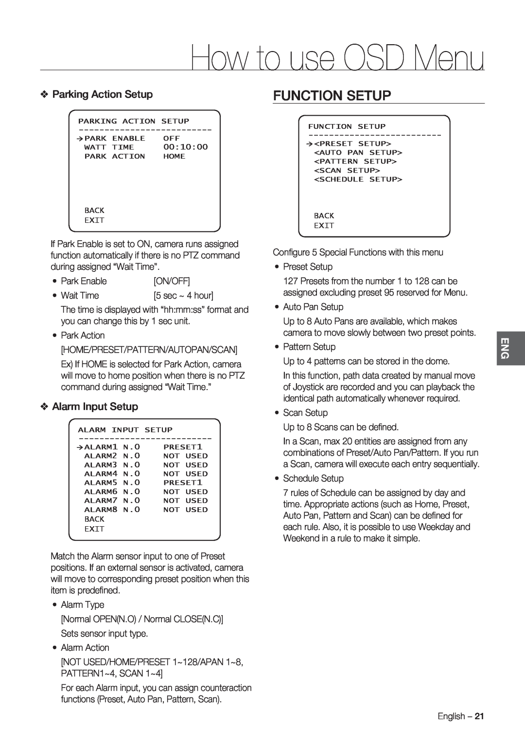 Samsung SCC-C7478P manual How to use OSD Menu, Function Setup, Parking Action Setup, Alarm Input Setup 