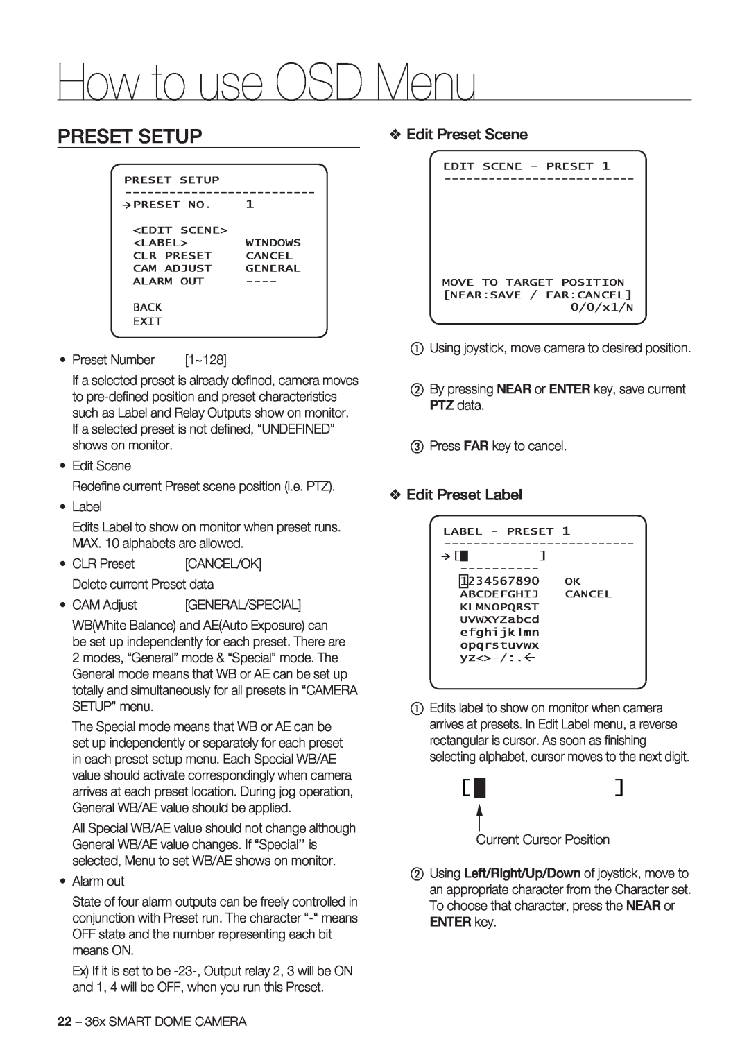 Samsung SCC-C7478P manual Preset Setup, Edit Preset Scene, Edit Preset Label, How to use OSD Menu 