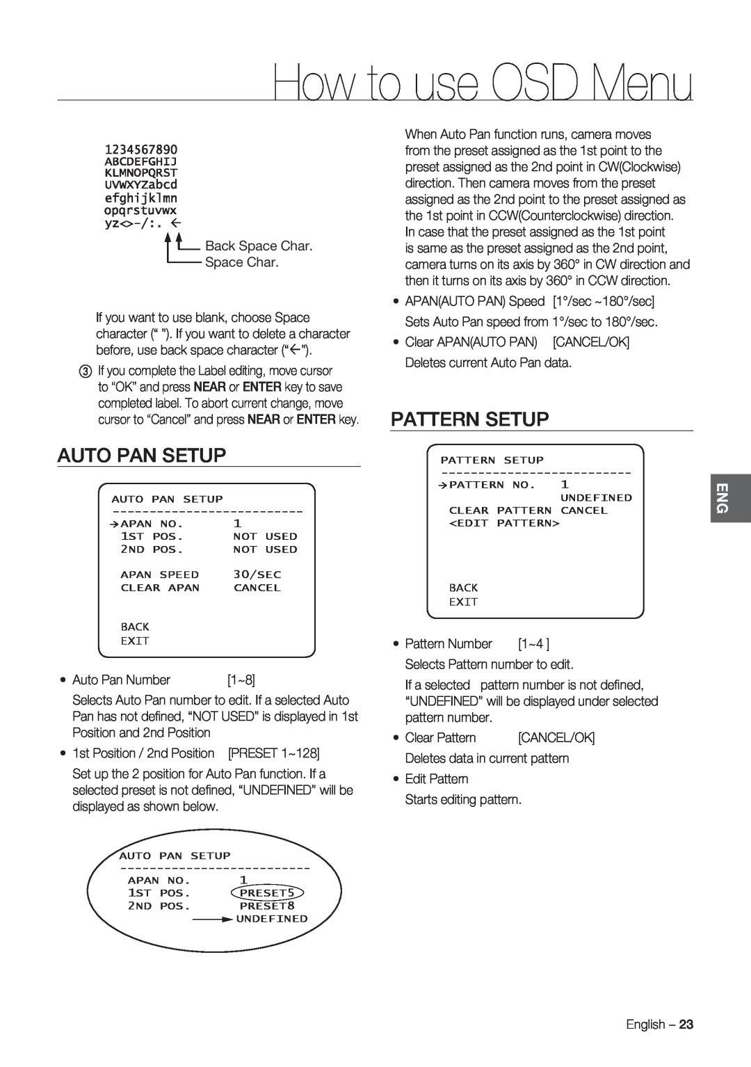 Samsung SCC-C7478P manual Auto Pan Setup, Pattern Setup, How to use OSD Menu 