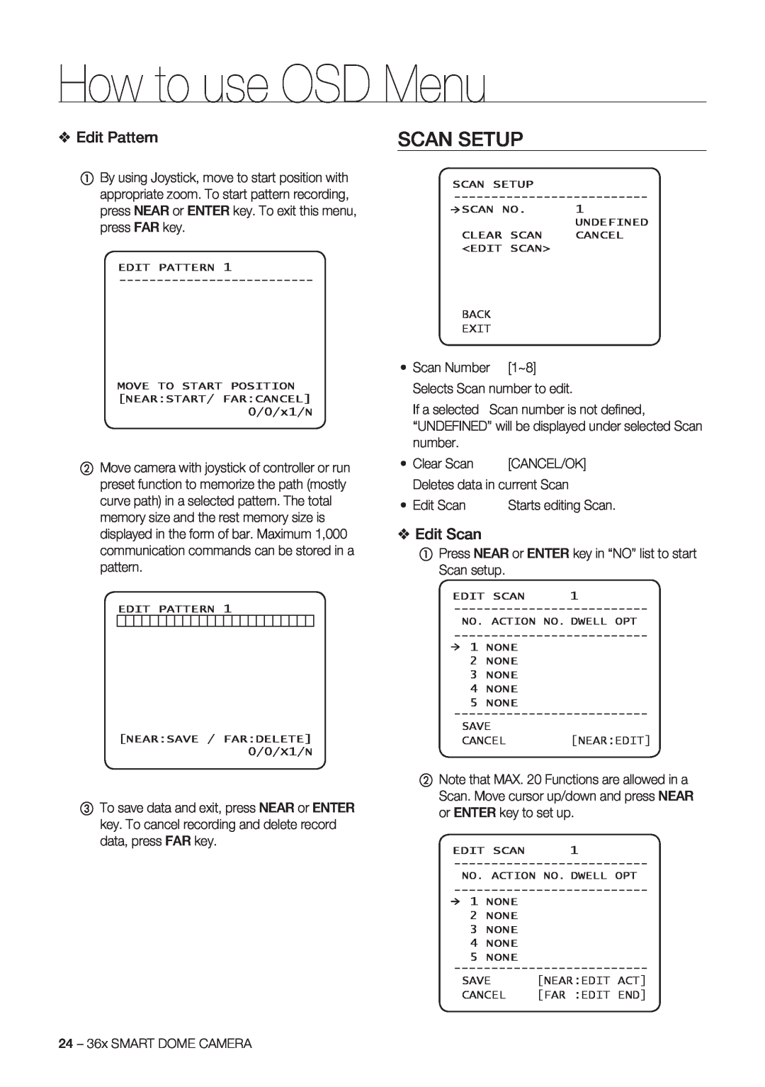 Samsung SCC-C7478P manual Scan Setup, Edit Pattern, Edit Scan, How to use OSD Menu 