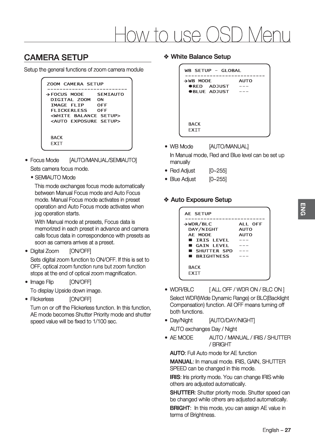 Samsung SCC-C7478P manual Camera Setup, White Balance Setup, How to use OSD Menu 