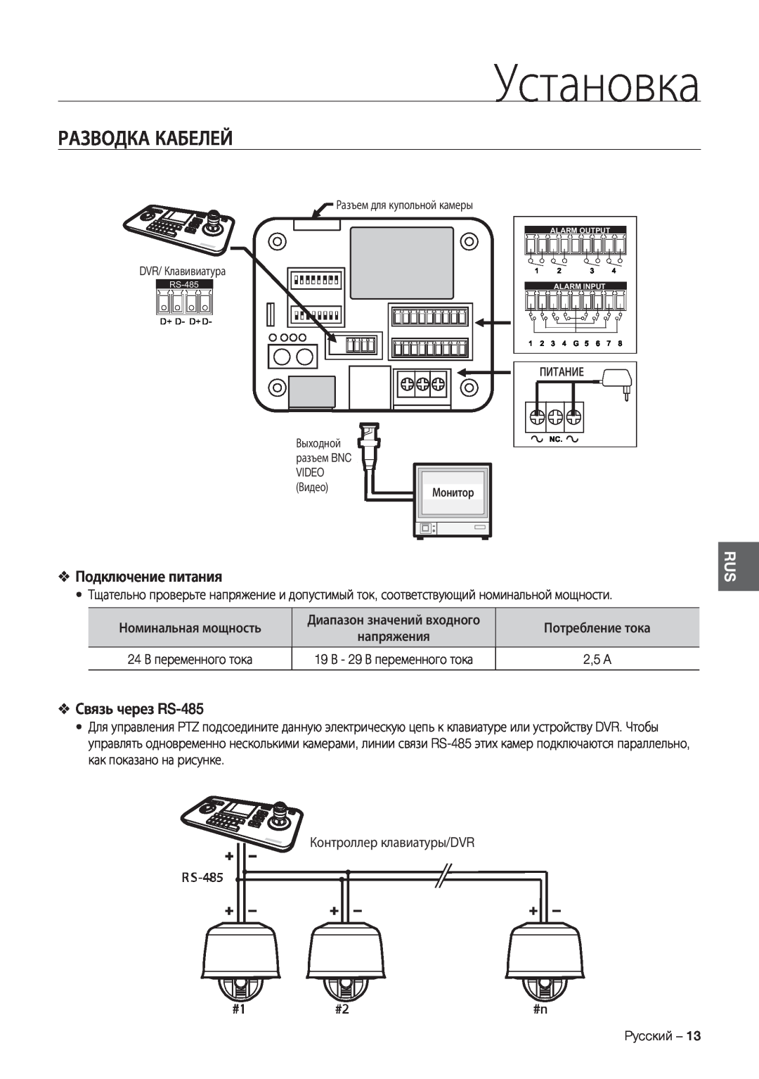 Samsung SCC-C7478P manual Разводка Кабелей, Подключение питания, Связь через RS-485, Установка 