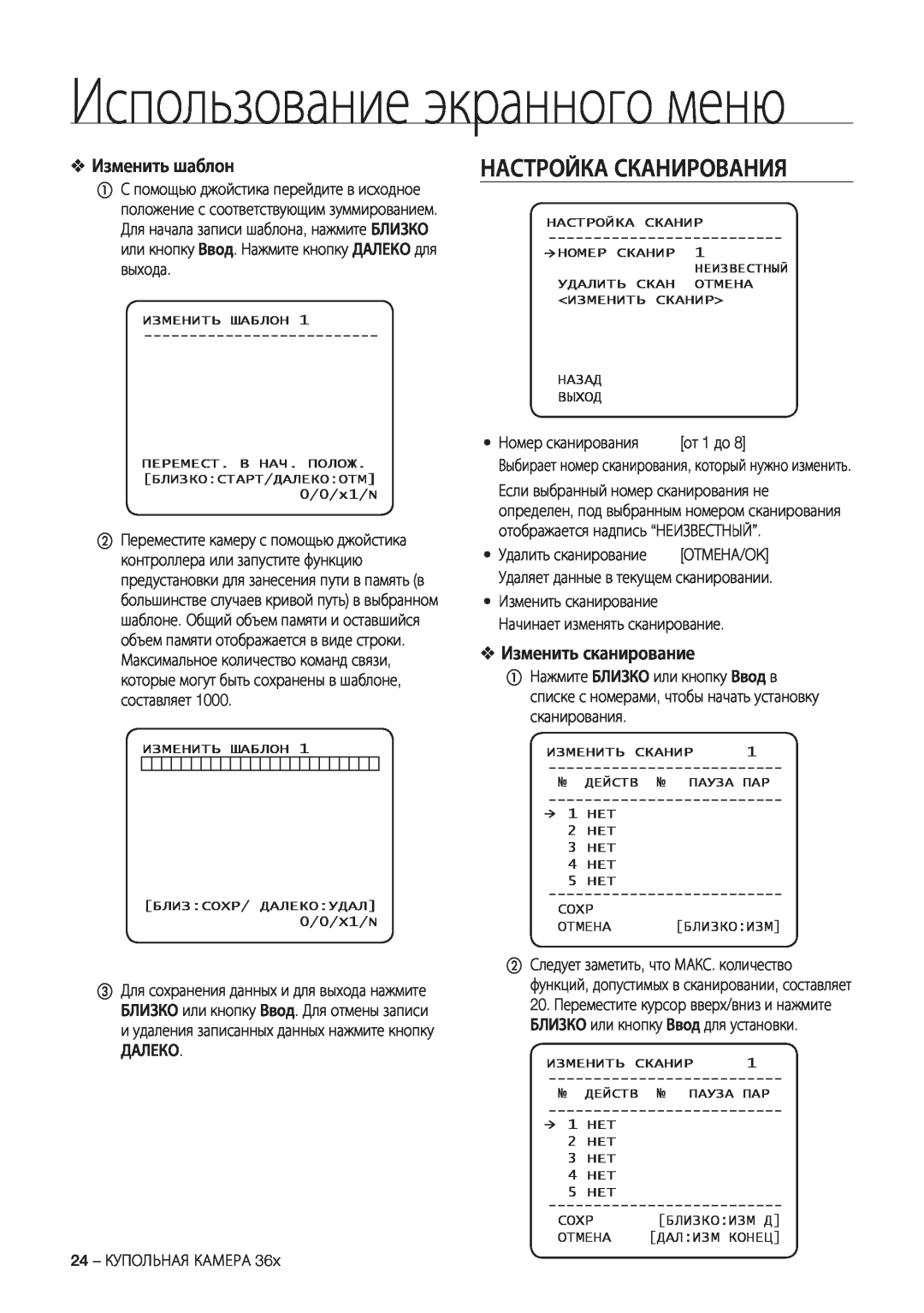 Samsung SCC-C7478P manual Настройка Сканирования, Изменить шаблон, Изменить сканирование, Использование экранного меню 