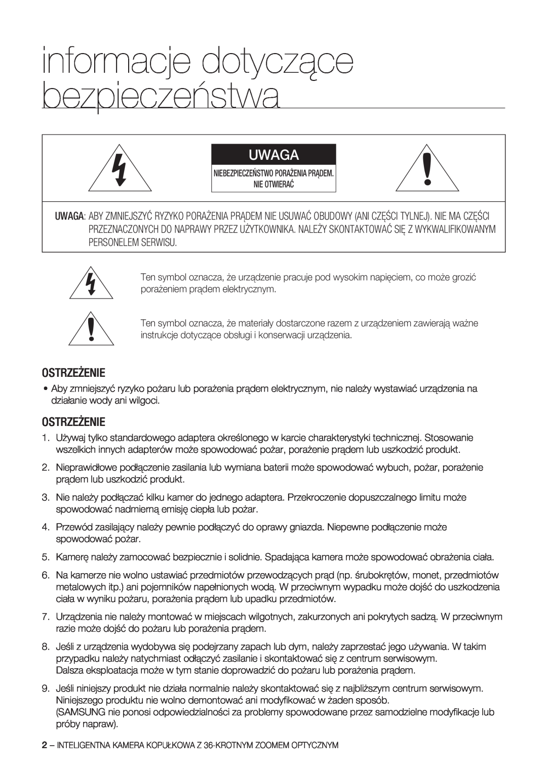 Samsung SCC-C7478P manual informacje dotyczące bezpieczeństwa, Uwaga, Ostrzeżenie 