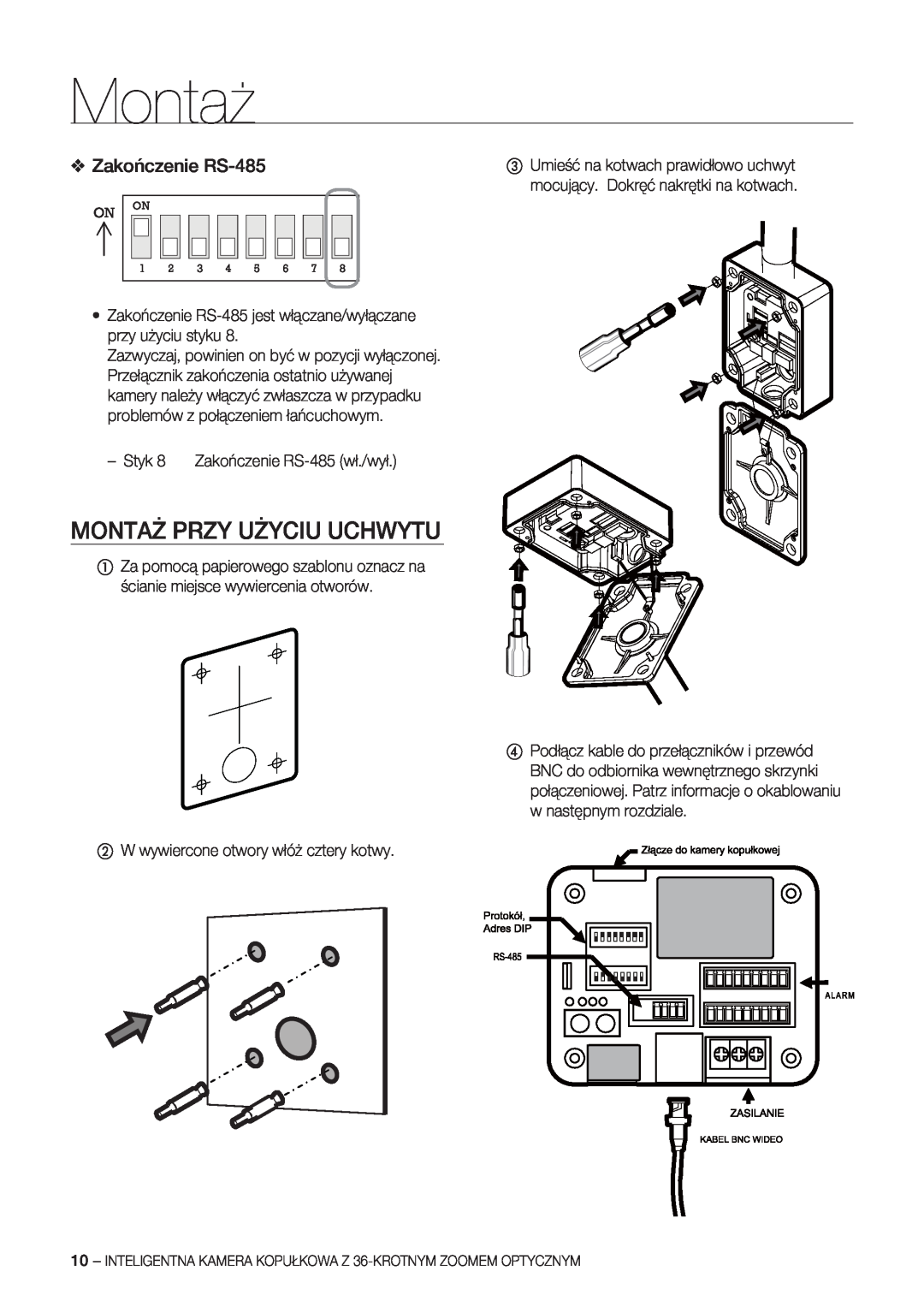 Samsung SCC-C7478P manual Montaż Przy Użyciu Uchwytu, Zakończenie RS-485 
