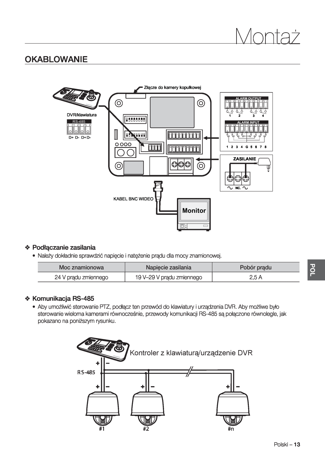 Samsung SCC-C7478P Okablowanie, Kontroler z klawiaturą/urządzenie DVR, Podłączanie zasilania, Komunikacja RS-485, Montaż 
