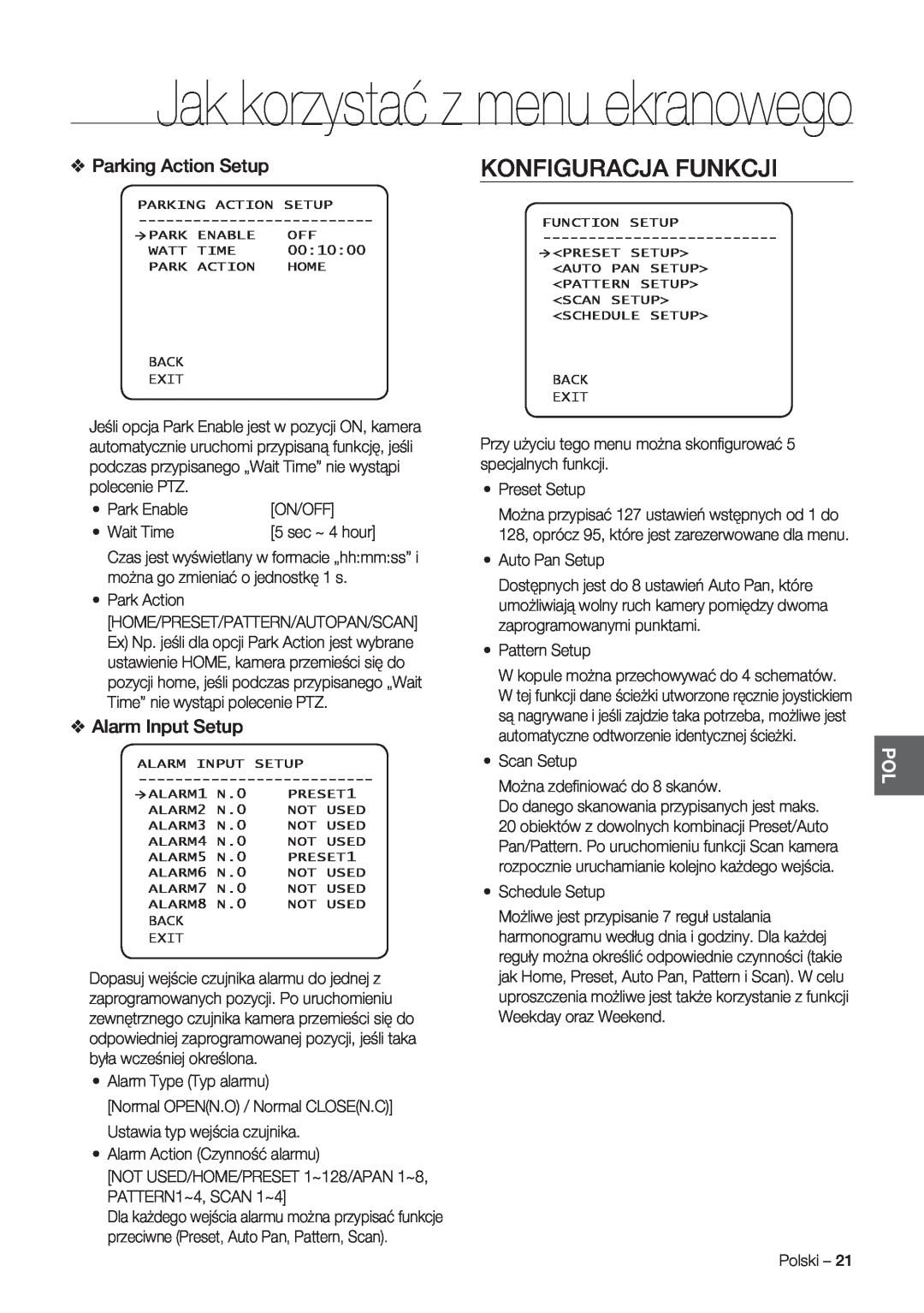 Samsung SCC-C7478P manual Konfiguracja Funkcji, Jak korzystać z menu ekranowego, Parking Action Setup, Alarm Input Setup 