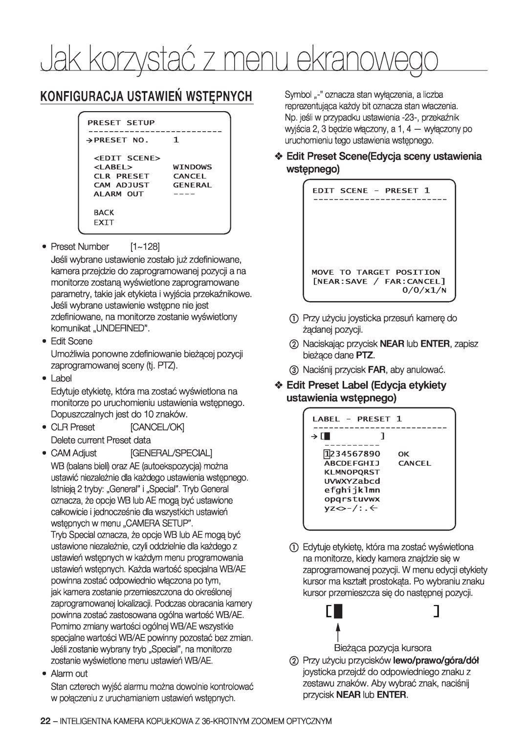 Samsung SCC-C7478P manual Konfiguracja Ustawień Wstępnych, Edit Preset SceneEdycja sceny ustawienia wstępnego 
