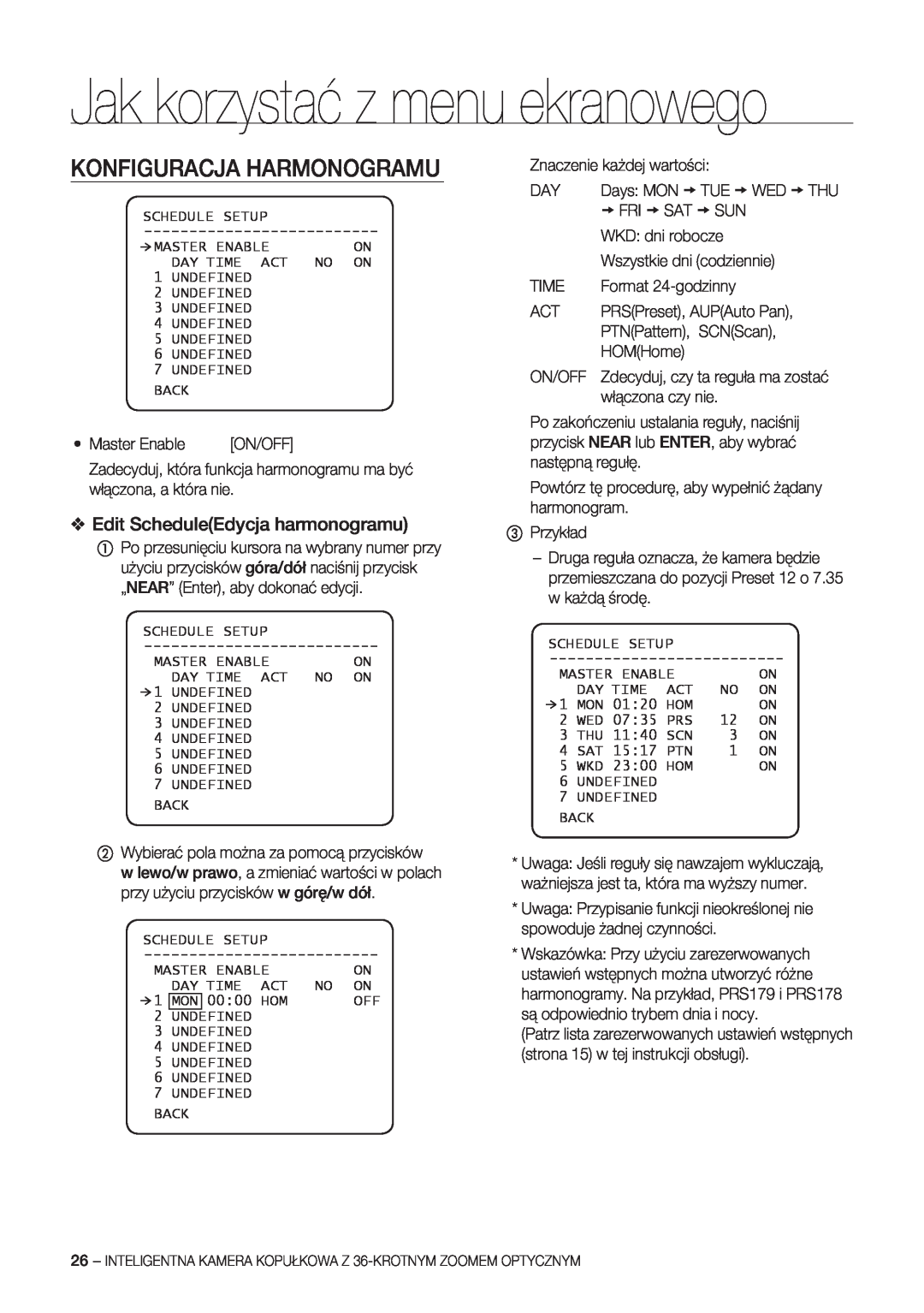 Samsung SCC-C7478P manual Konfiguracja Harmonogramu, Edit ScheduleEdycja harmonogramu, Jak korzystać z menu ekranowego 