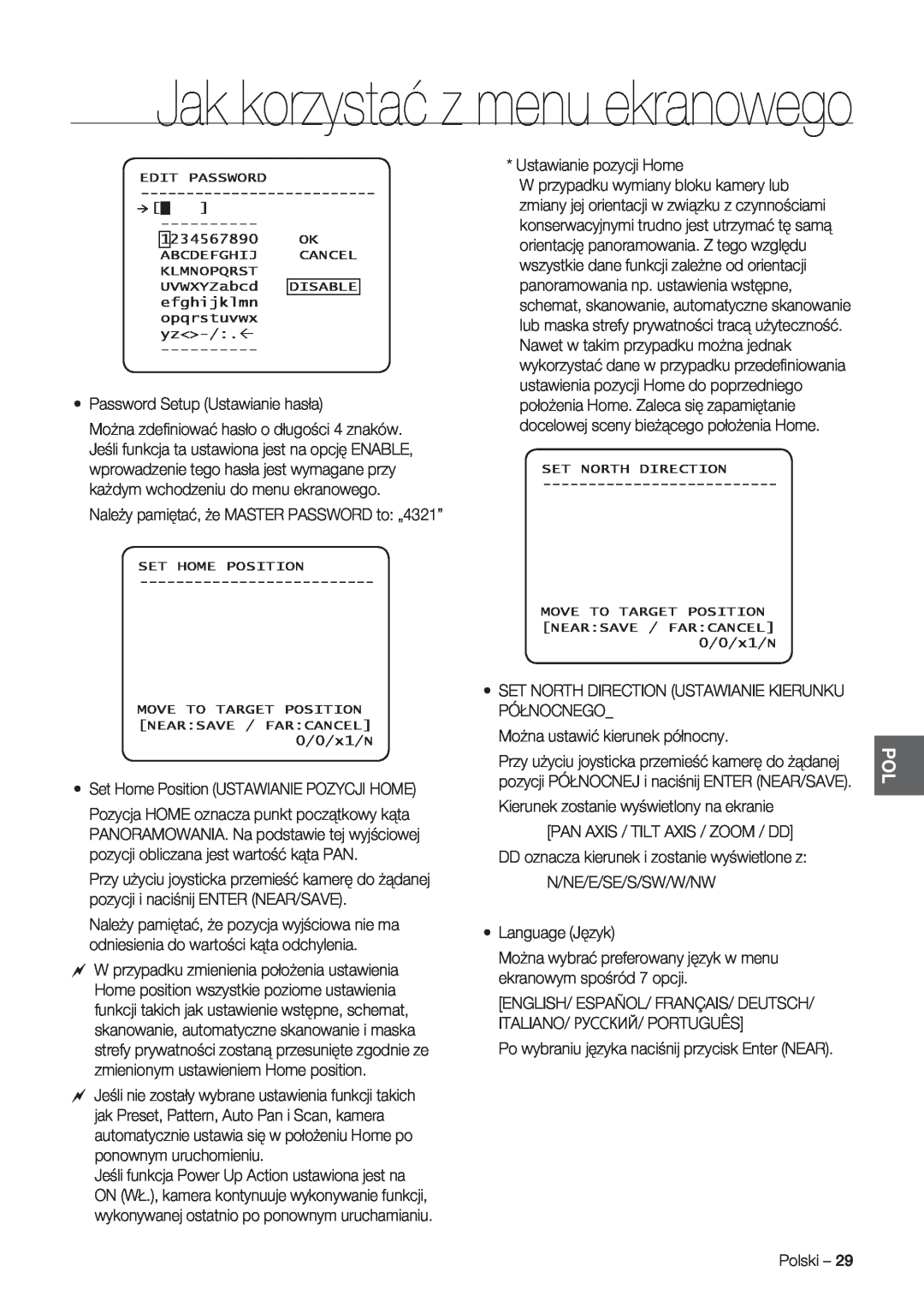 Samsung SCC-C7478P manual Jak korzystać z menu ekranowego, Ustawianie pozycji Home 