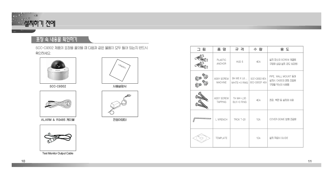 Samsung SCC-C9302(F) manual 설치하기 전에, 포장 속 내용물 확인하기, SCC-C9302제품의 포장을 풀었을 때 다음과 같은 물품이 모두 들어 있는지 반드시 확인하세요 