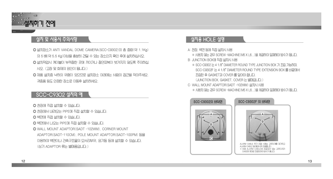 Samsung SCC-C9302(F) manual 설치 및 사용시 주의사항, SCC-C9302 설치의 예, 설치용 Hole 설명 