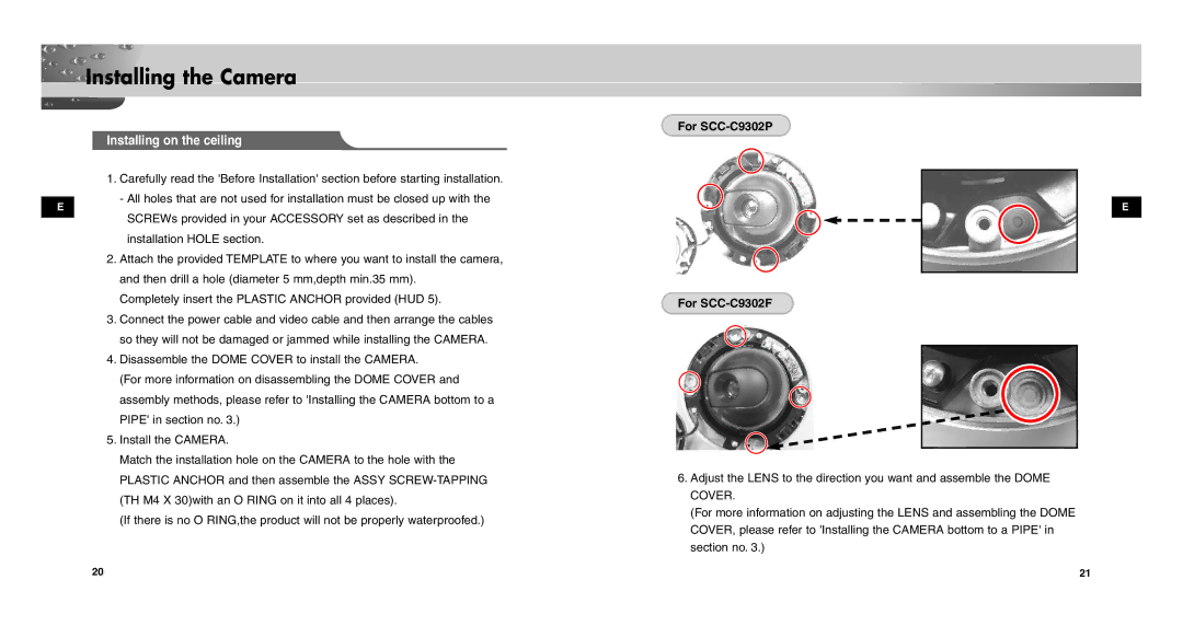 Samsung SCC-C9302(F)P user manual Installing on the ceiling, For SCC-C9302P For SCC-C9302F 